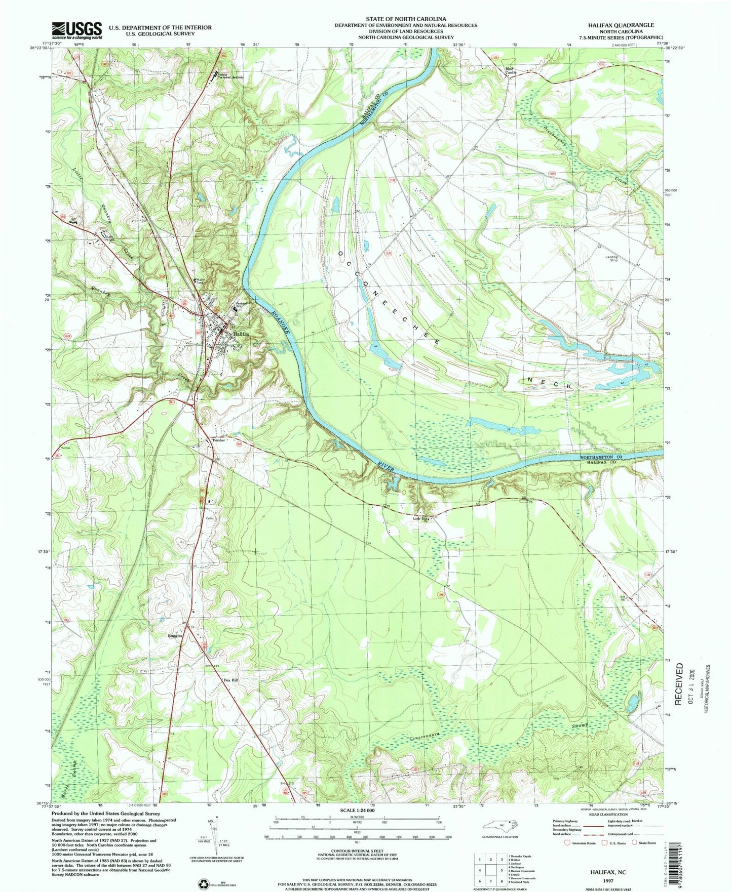 Classic USGS Halifax North Carolina 7.5'x7.5' Topo Map Image