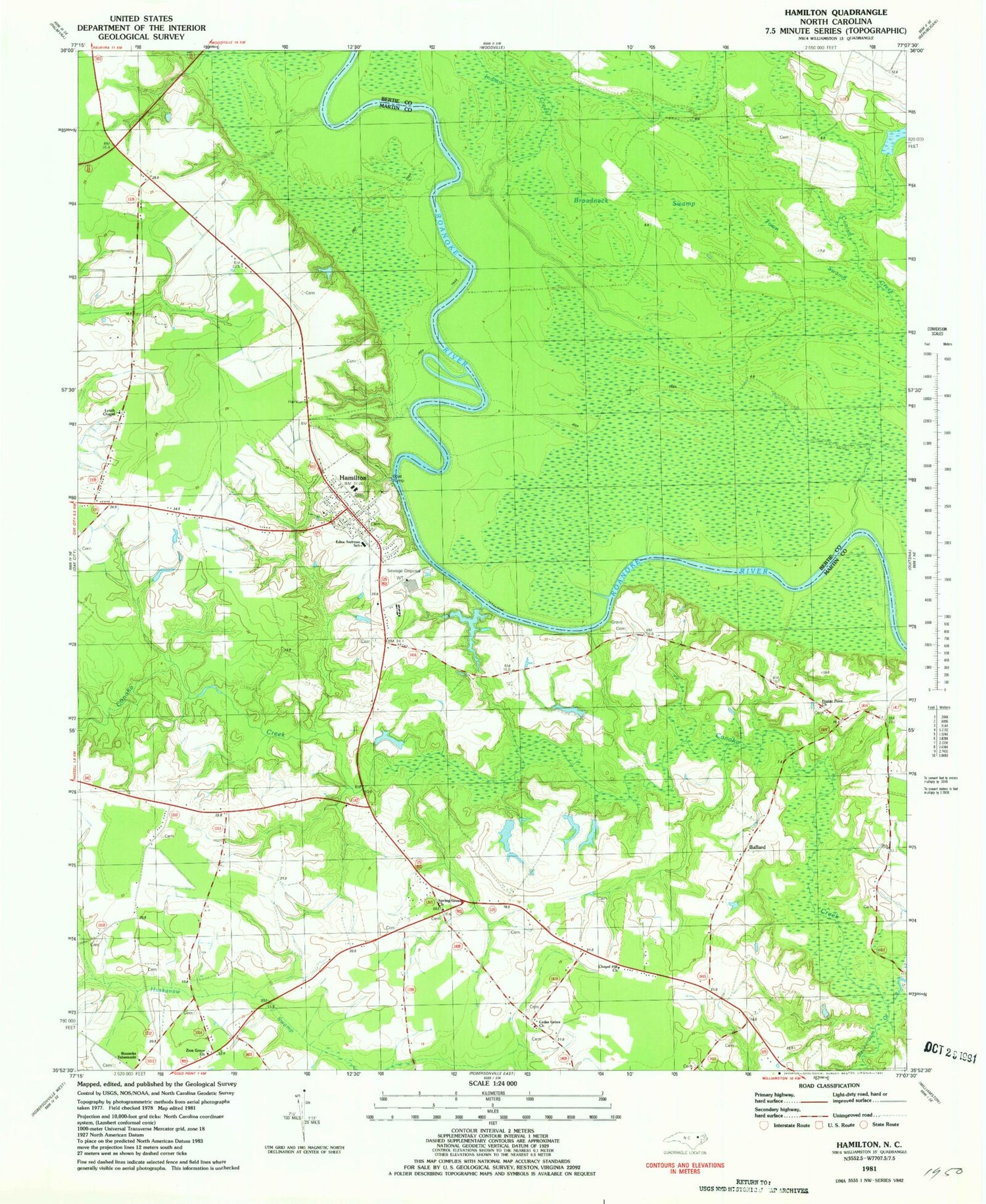 Classic USGS Hamilton North Carolina 7.5'x7.5' Topo Map Image