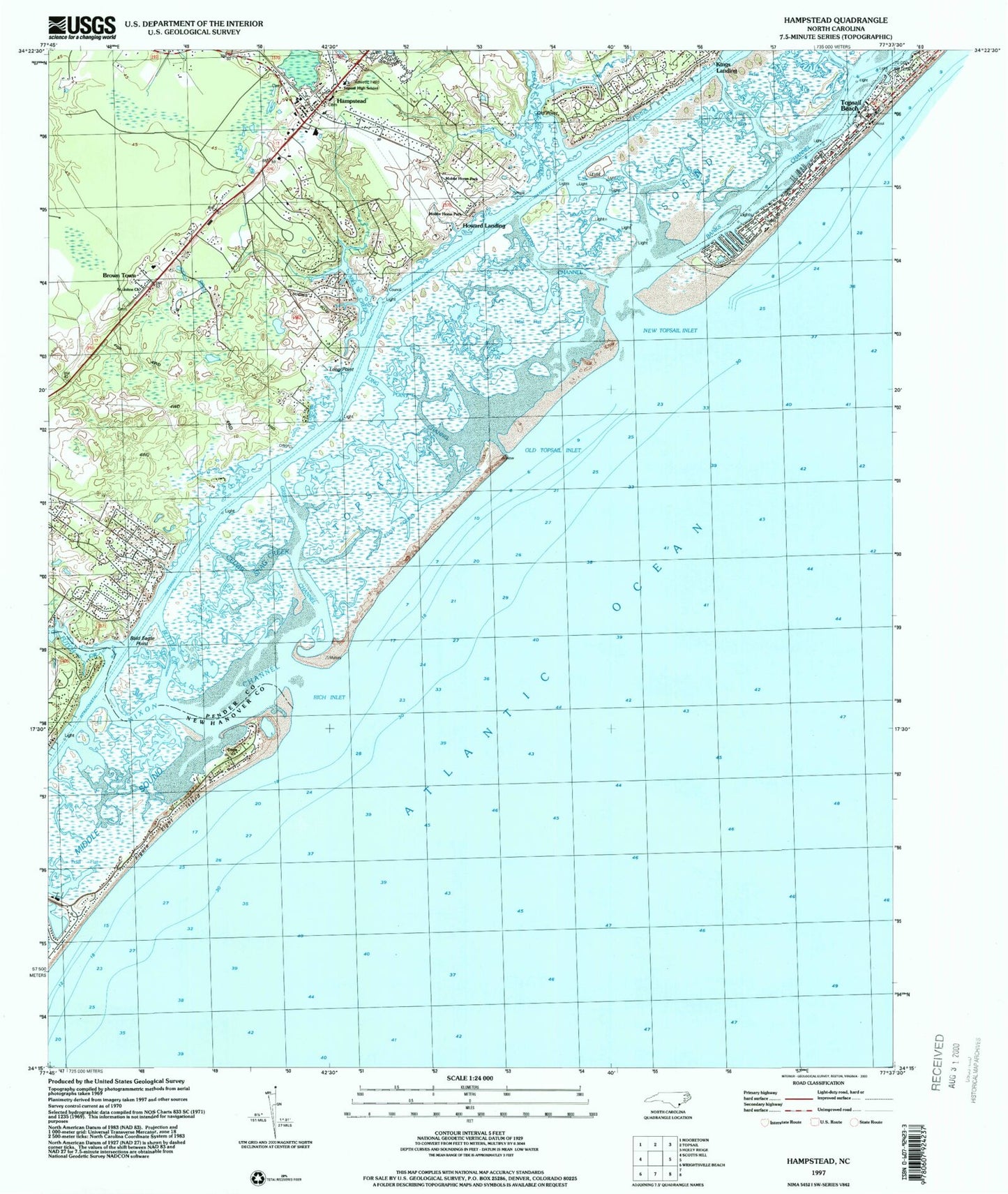 Classic USGS Hampstead North Carolina 7.5'x7.5' Topo Map Image