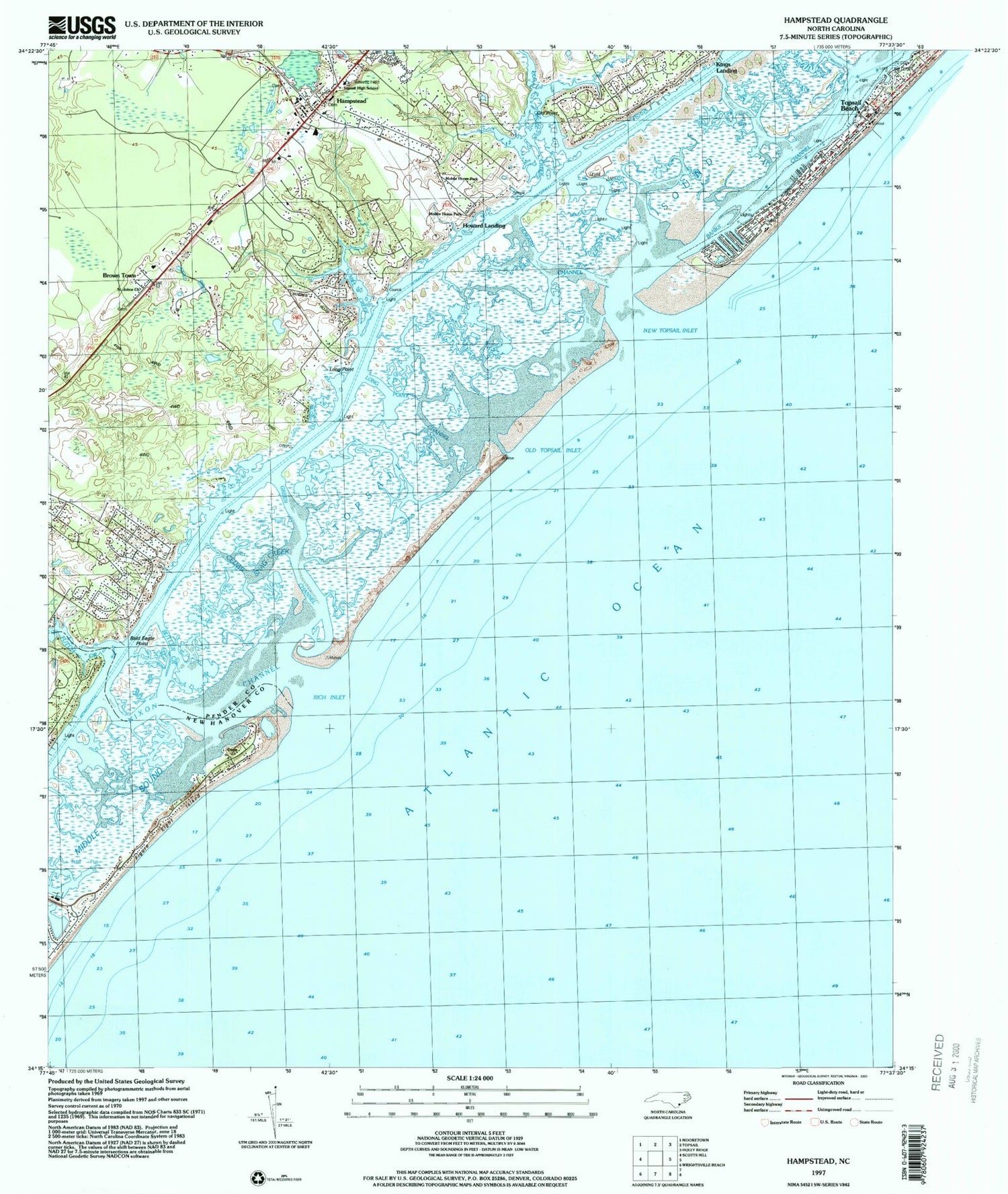 Classic USGS Hampstead North Carolina 7.5'x7.5' Topo Map Image