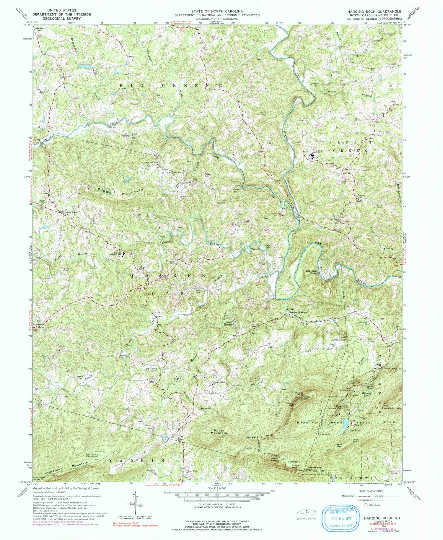 Classic USGS Hanging Rock North Carolina 7.5'x7.5' Topo Map Image