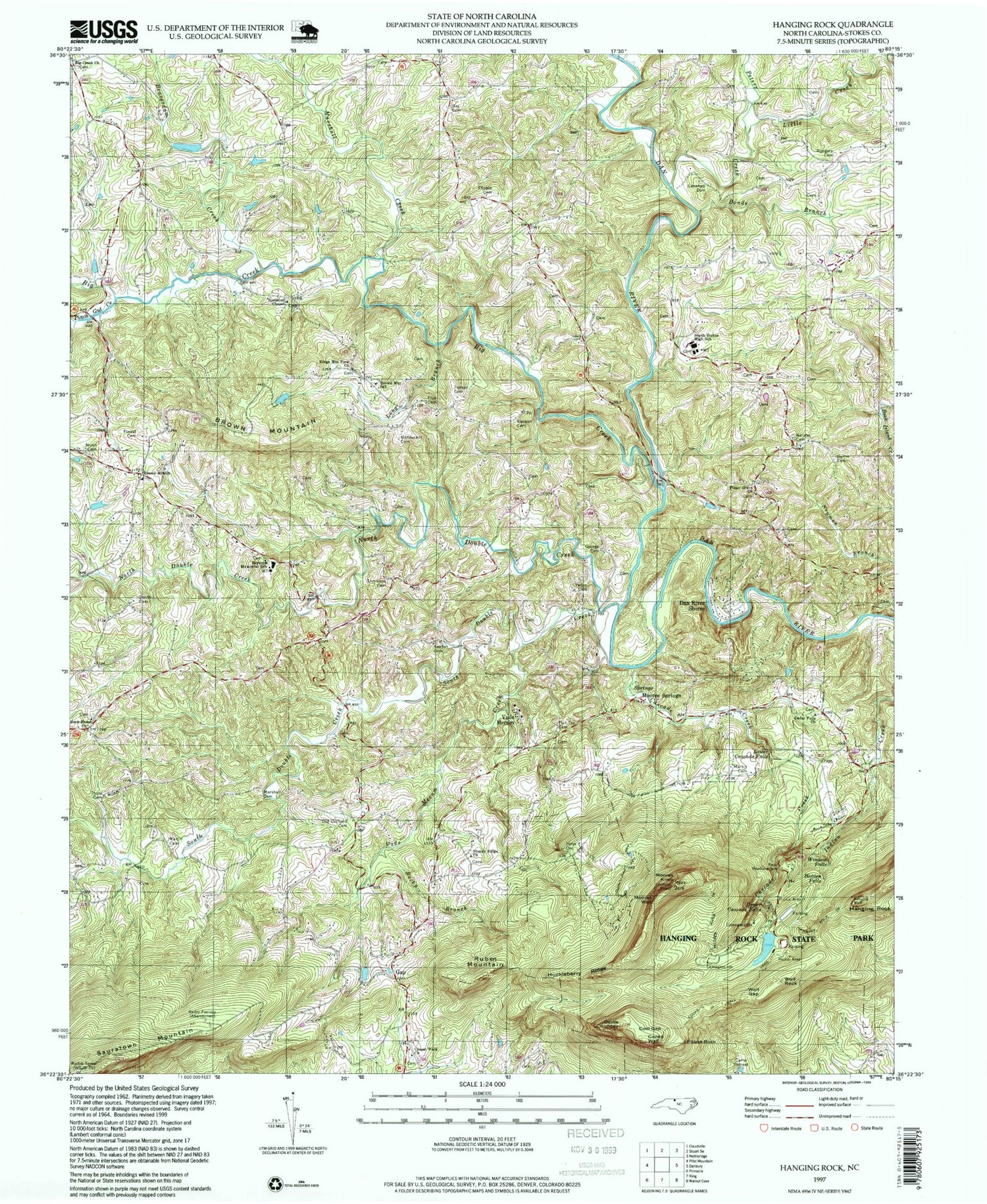Classic USGS Hanging Rock North Carolina 7.5'x7.5' Topo Map Image