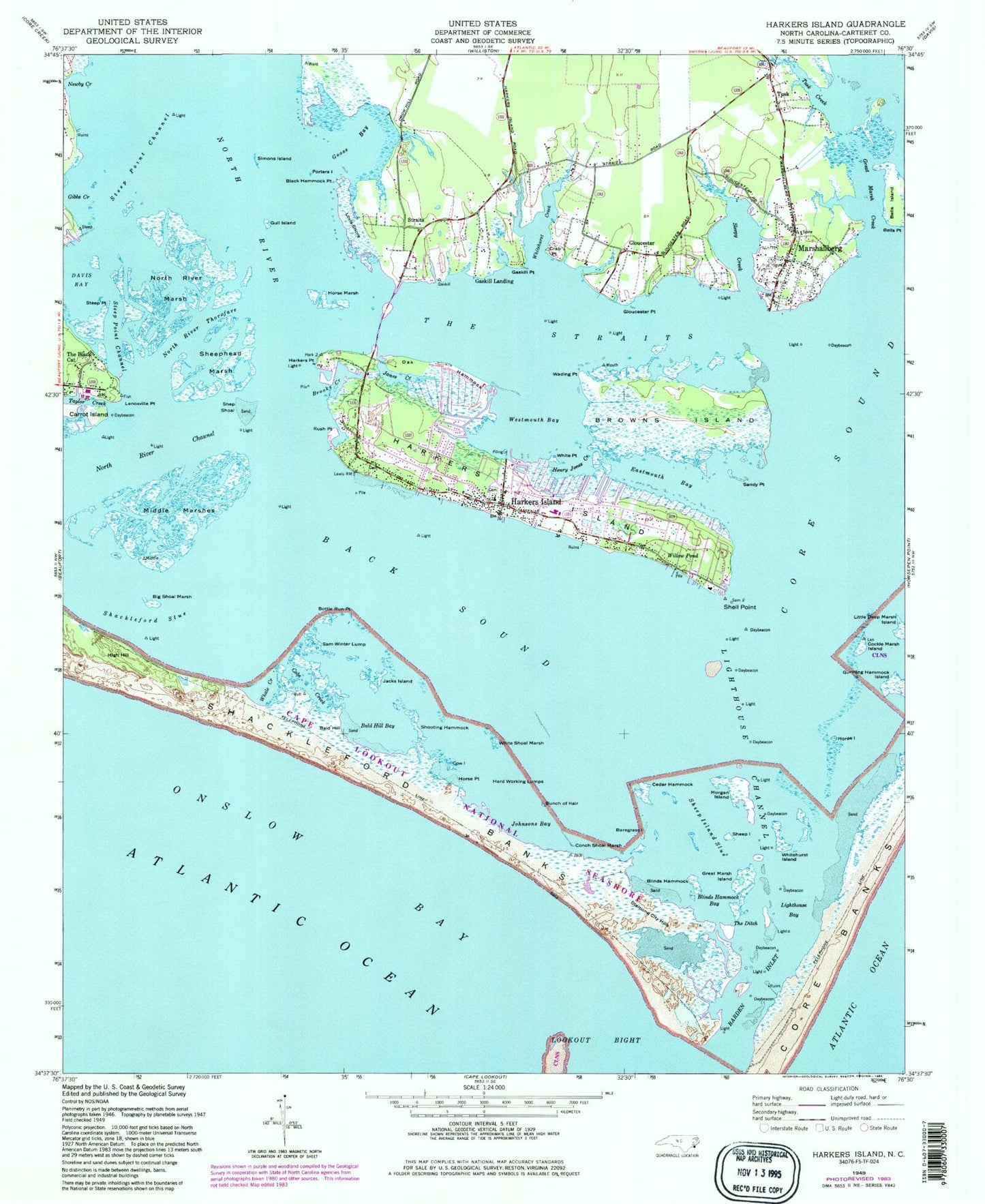 Classic USGS Harkers Island North Carolina 7.5'x7.5' Topo Map Image