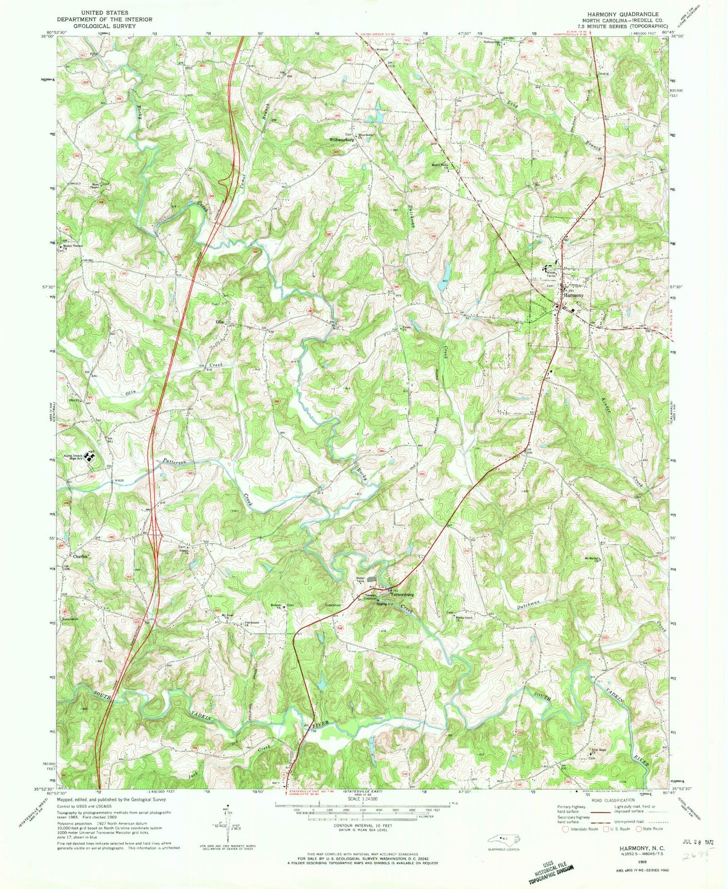 Classic USGS Harmony North Carolina 7.5'x7.5' Topo Map Image