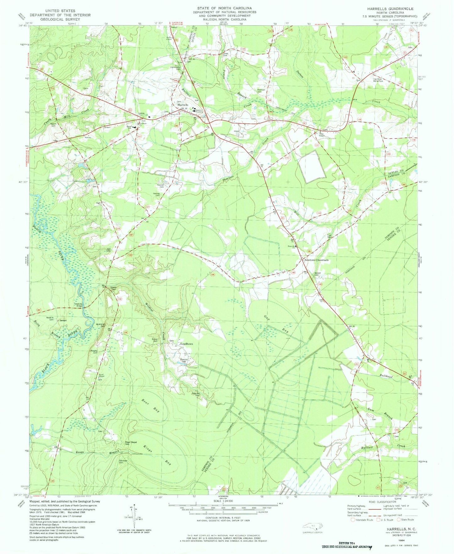 Classic USGS Harrells North Carolina 7.5'x7.5' Topo Map Image