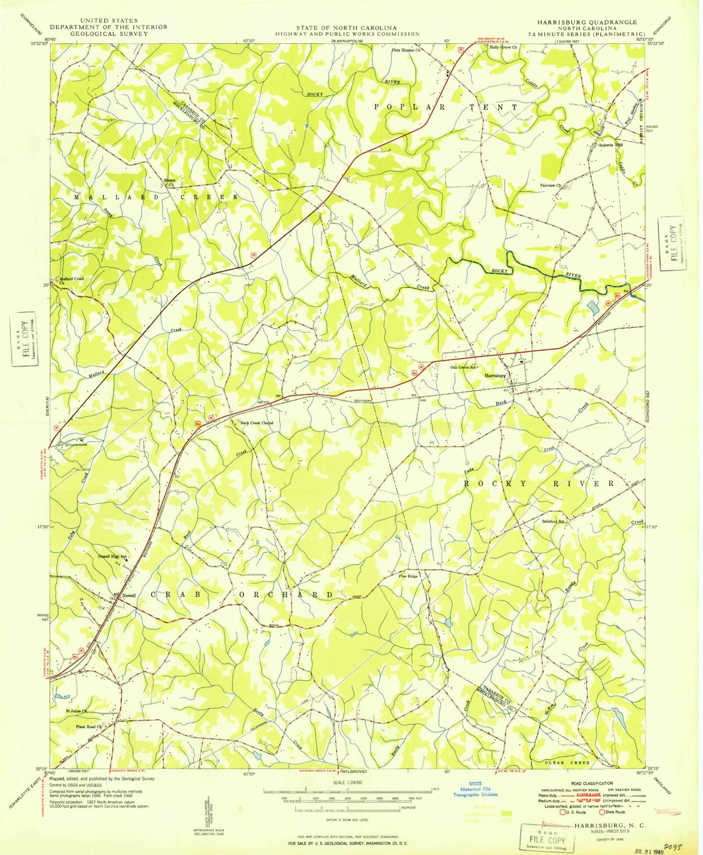 Classic USGS Harrisburg North Carolina 7.5'x7.5' Topo Map Image