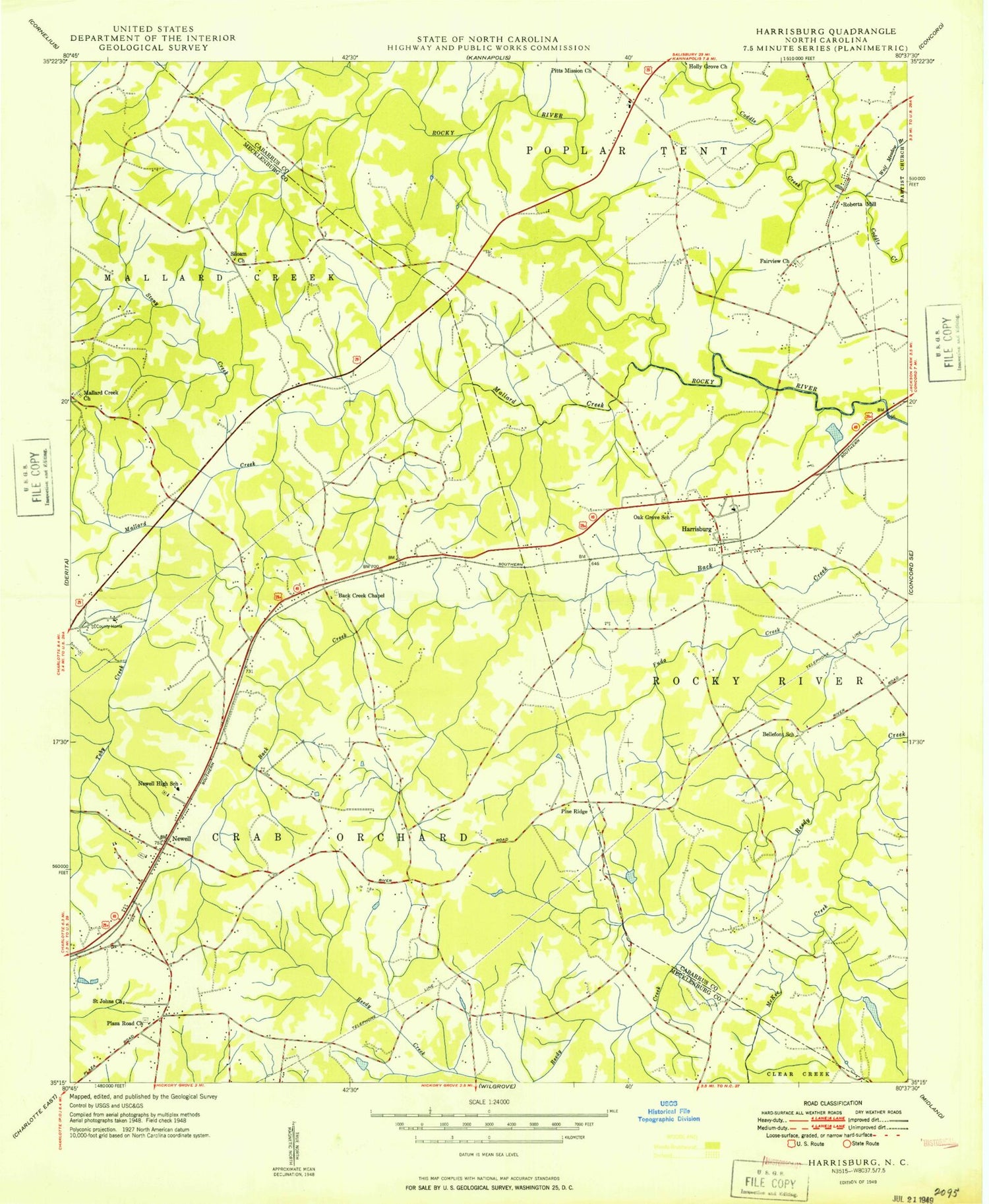 Classic USGS Harrisburg North Carolina 7.5'x7.5' Topo Map Image