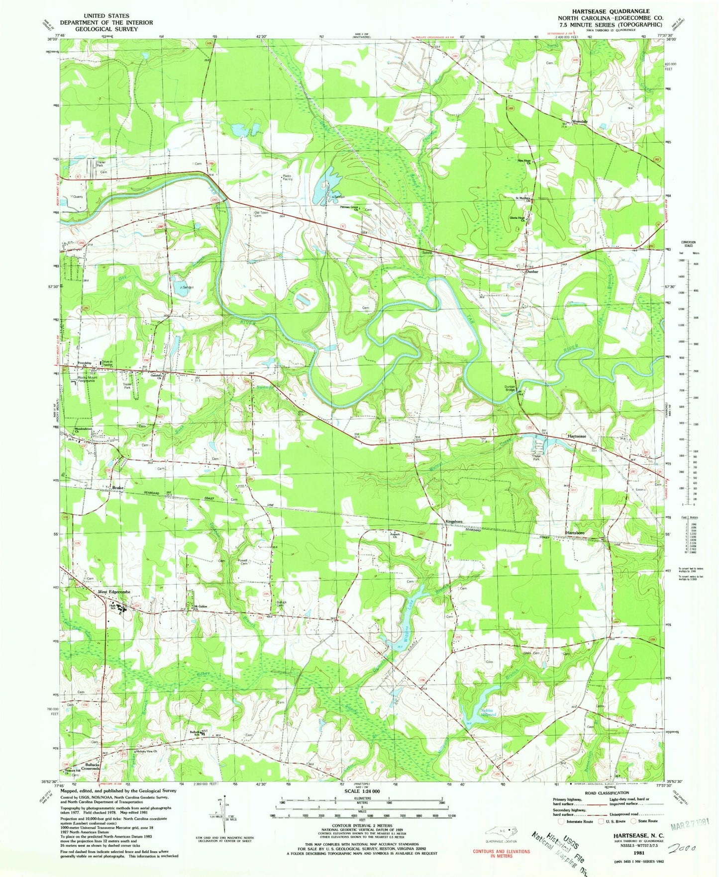 Classic USGS Hartsease North Carolina 7.5'x7.5' Topo Map Image