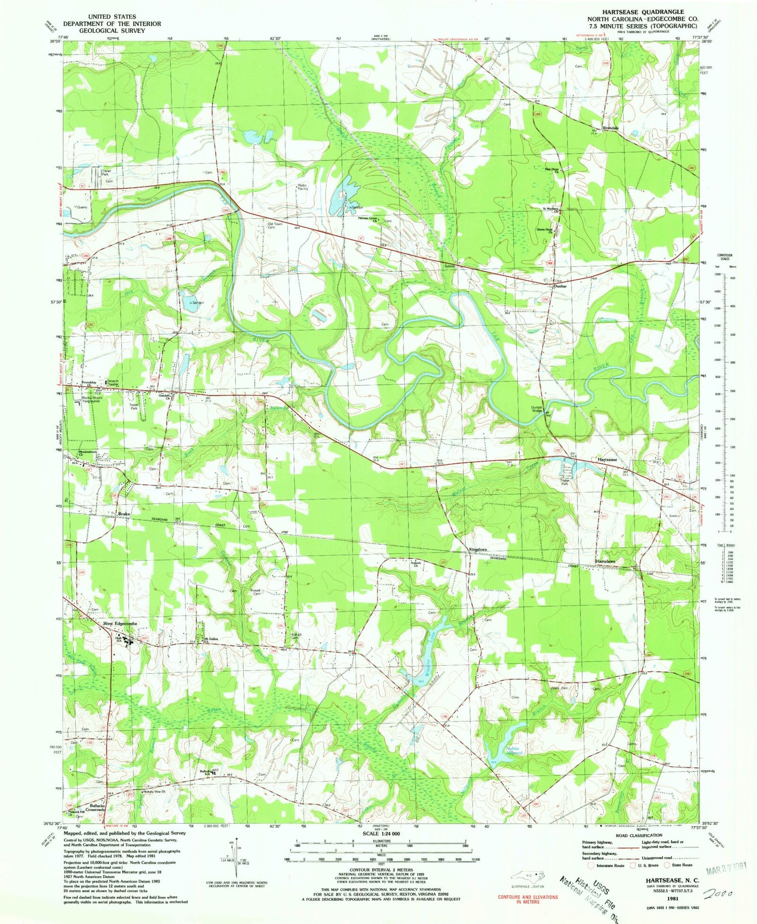 Classic USGS Hartsease North Carolina 7.5'x7.5' Topo Map Image