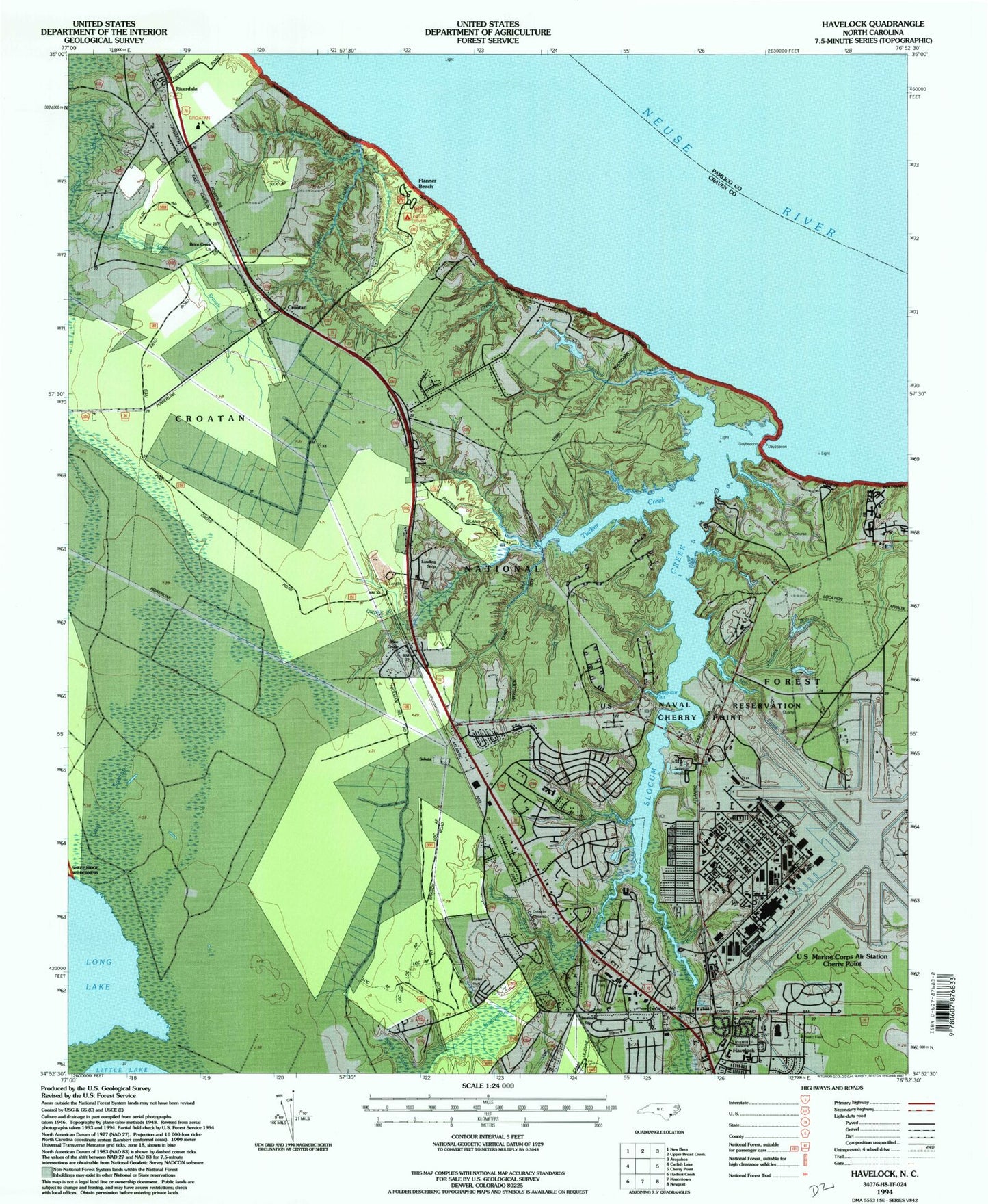 Classic USGS Havelock North Carolina 7.5'x7.5' Topo Map Image
