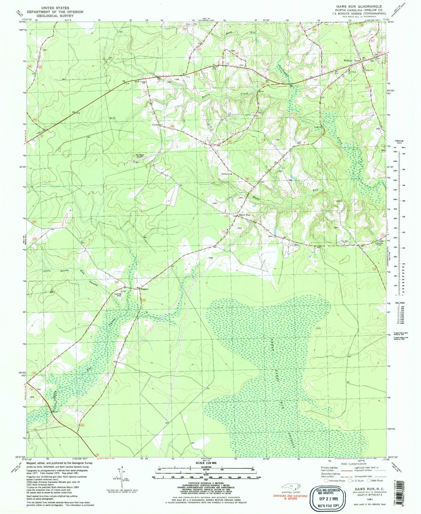 Classic USGS Haws Run North Carolina 7.5'x7.5' Topo Map Image
