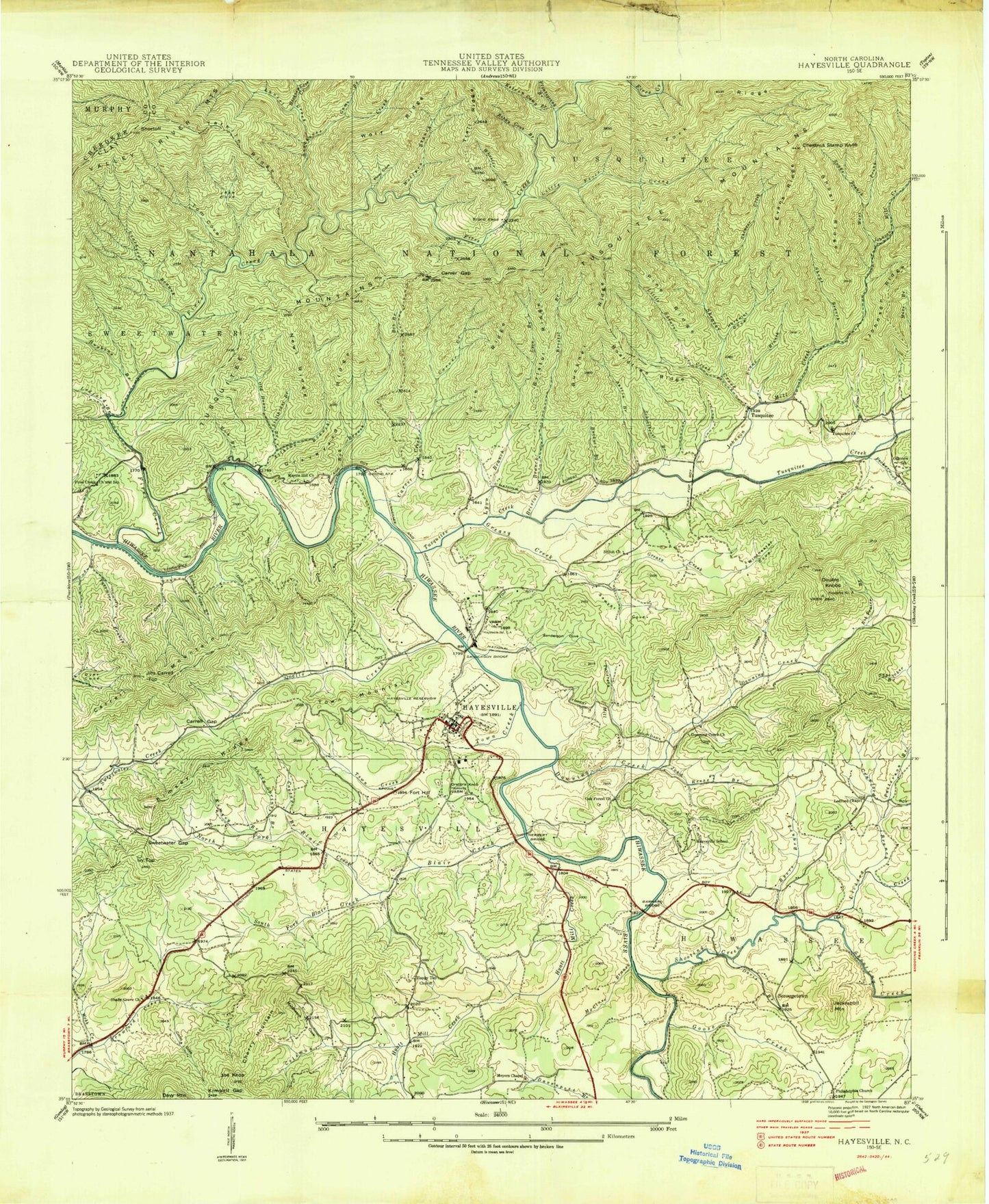 Classic USGS Hayesville North Carolina 7.5'x7.5' Topo Map Image