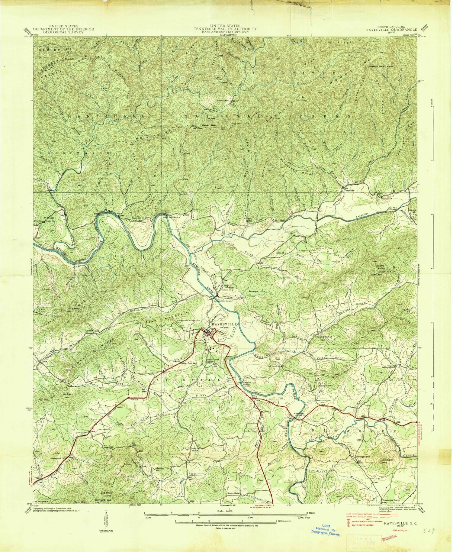Classic USGS Hayesville North Carolina 7.5'x7.5' Topo Map Image