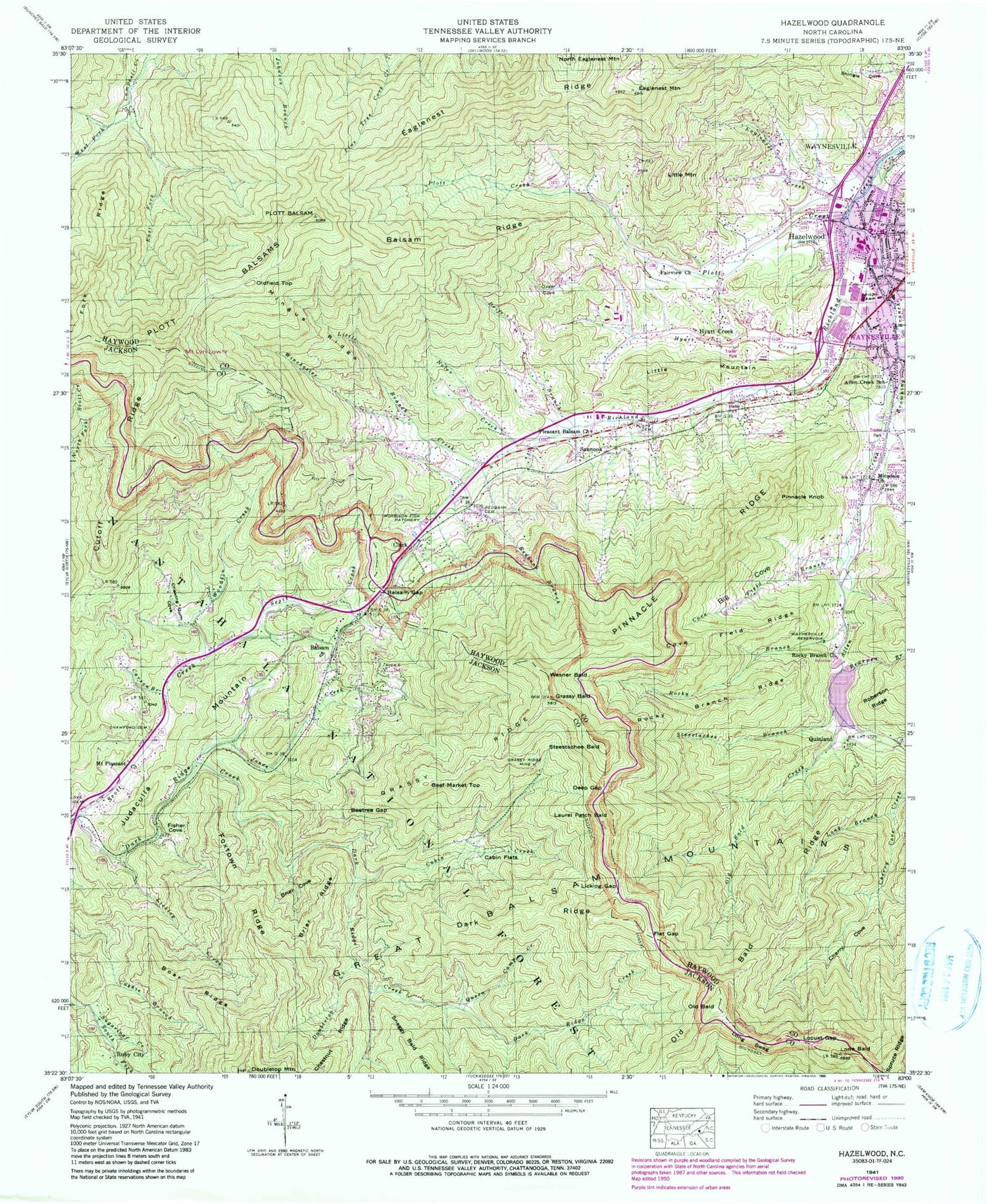 Classic USGS Hazelwood North Carolina 7.5'x7.5' Topo Map Image