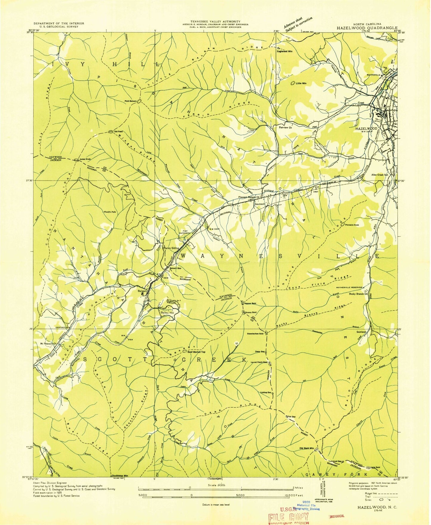 Classic USGS Hazelwood North Carolina 7.5'x7.5' Topo Map Image