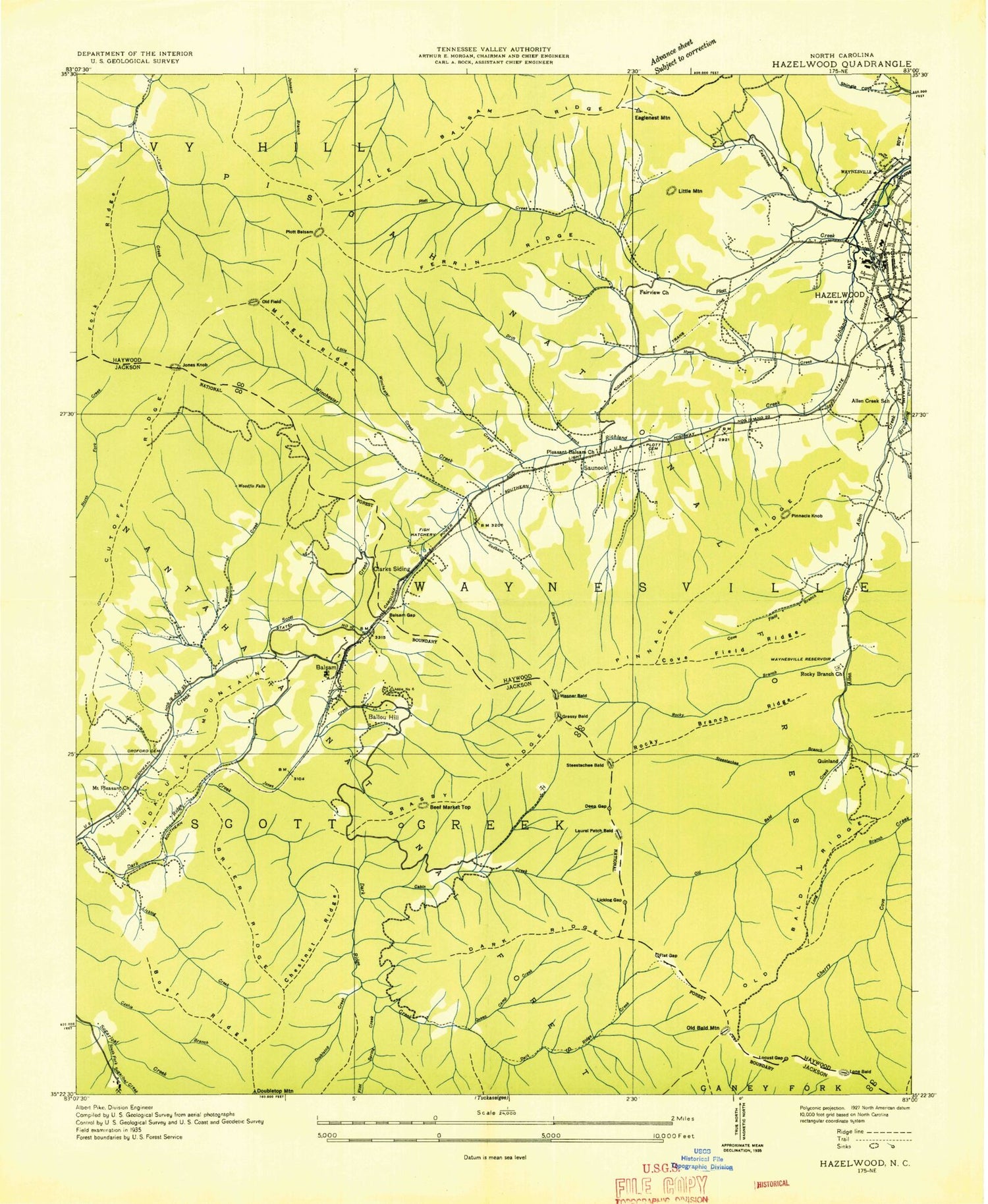 Classic USGS Hazelwood North Carolina 7.5'x7.5' Topo Map Image