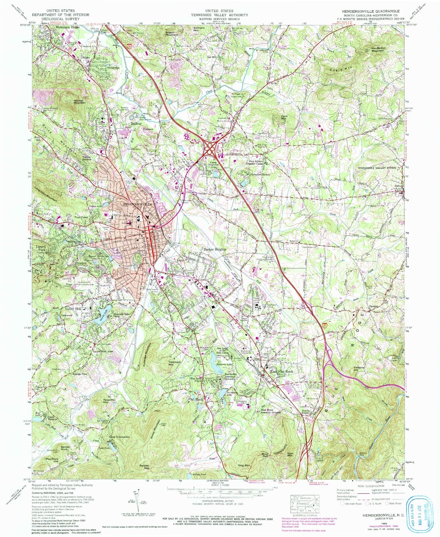 Classic USGS Hendersonville North Carolina 7.5'x7.5' Topo Map Image