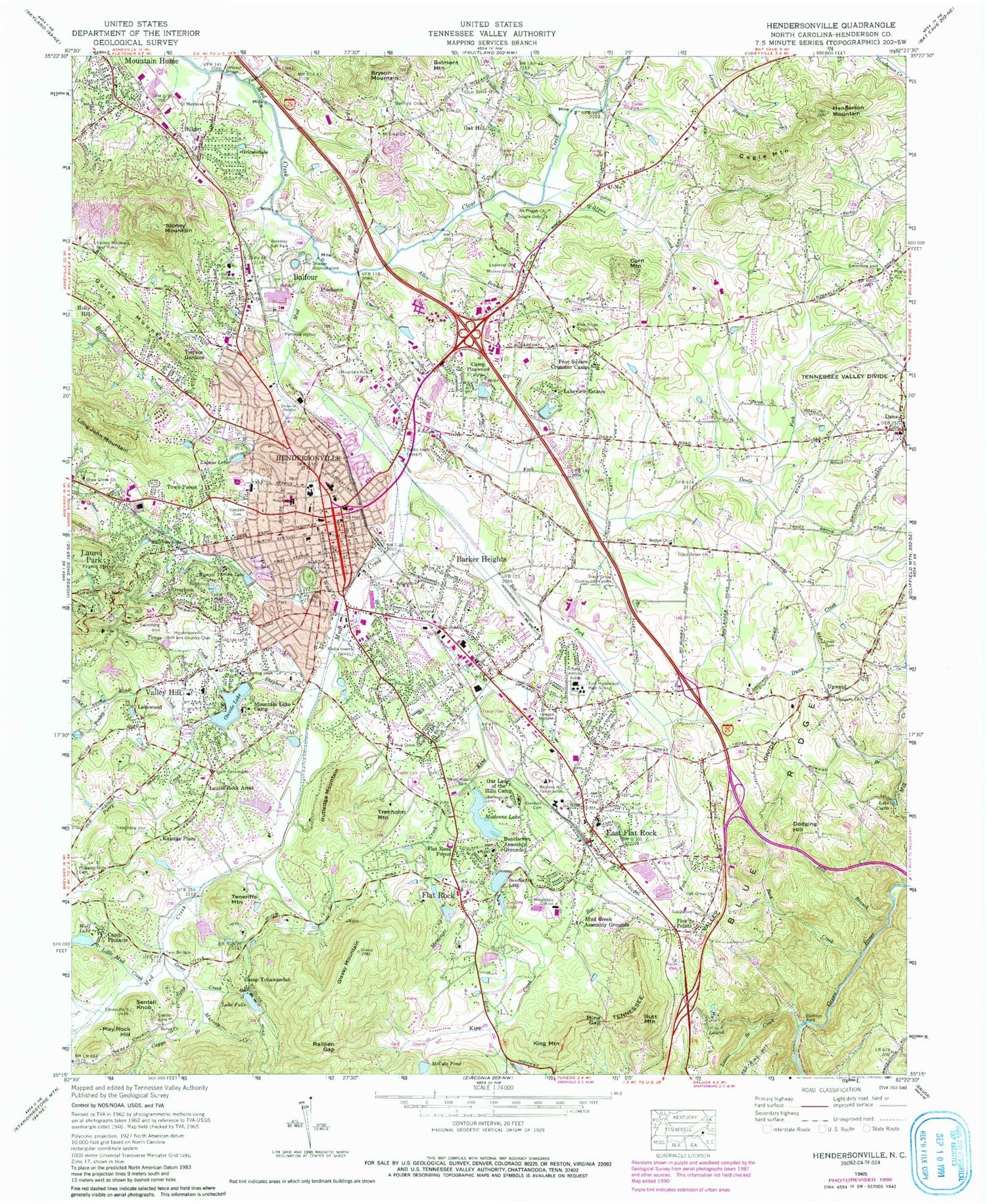Classic USGS Hendersonville North Carolina 7.5'x7.5' Topo Map Image