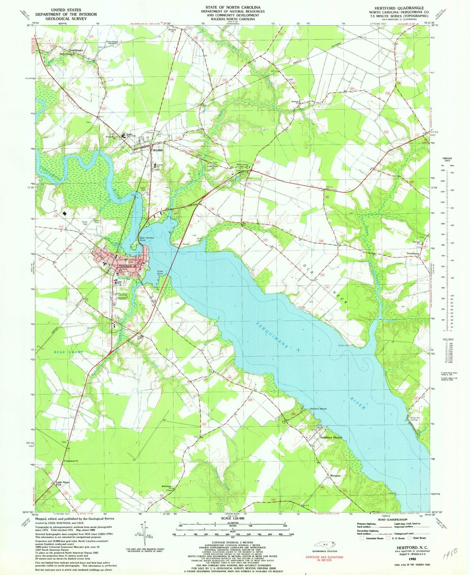 Classic USGS Hertford North Carolina 7.5'x7.5' Topo Map Image