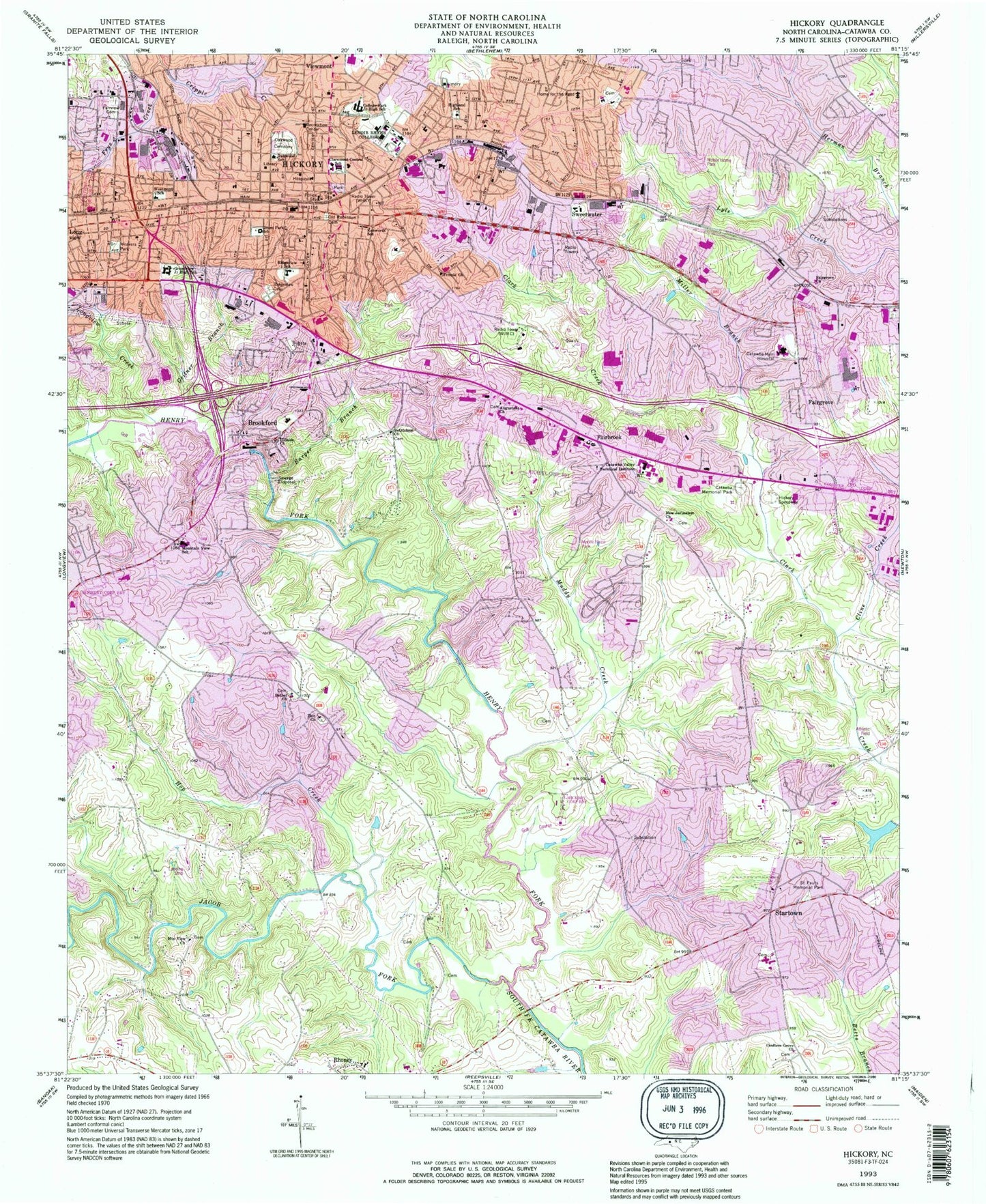 Classic USGS Hickory North Carolina 7.5'x7.5' Topo Map Image