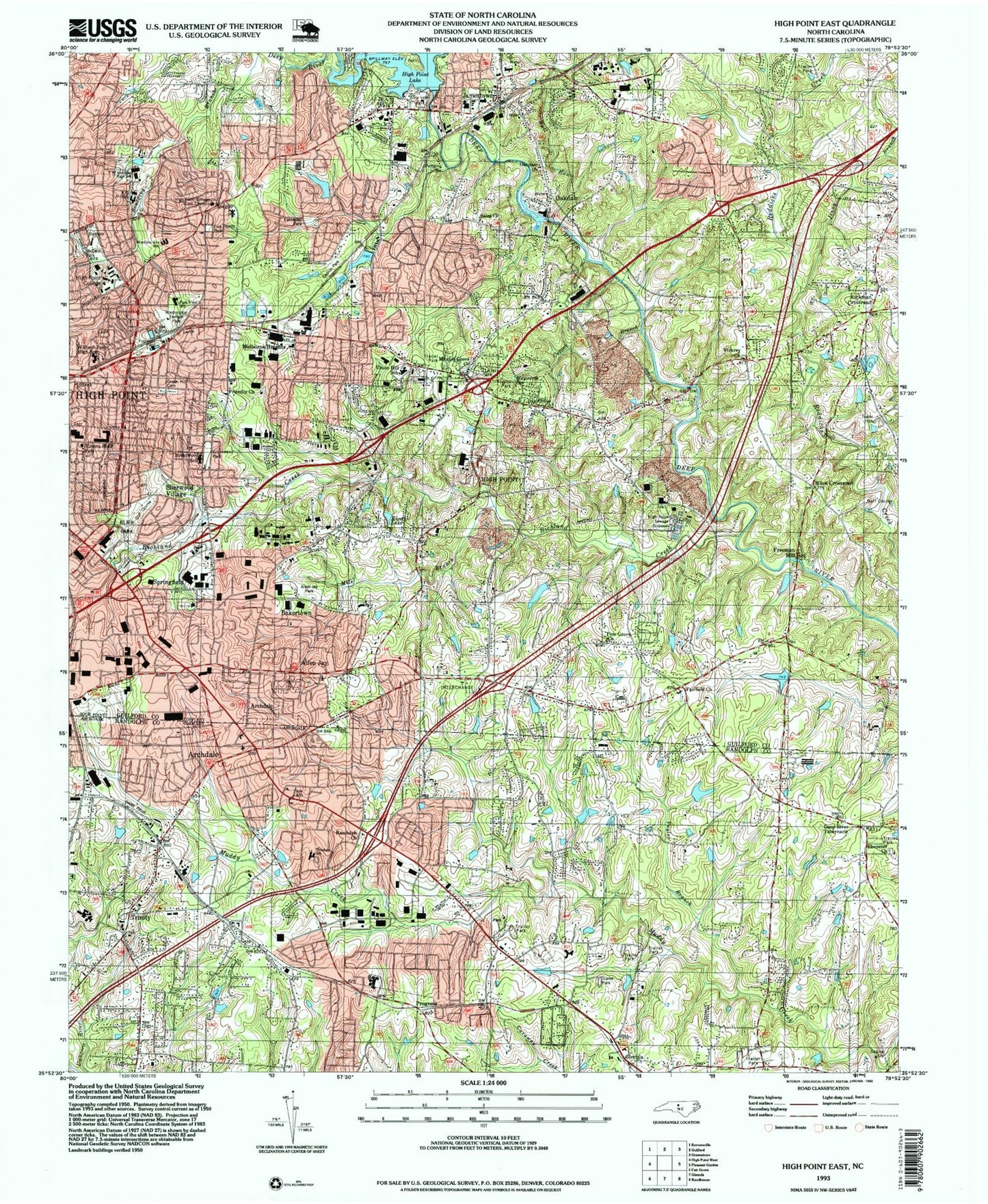 Classic USGS High Point East North Carolina 7.5'x7.5' Topo Map Image