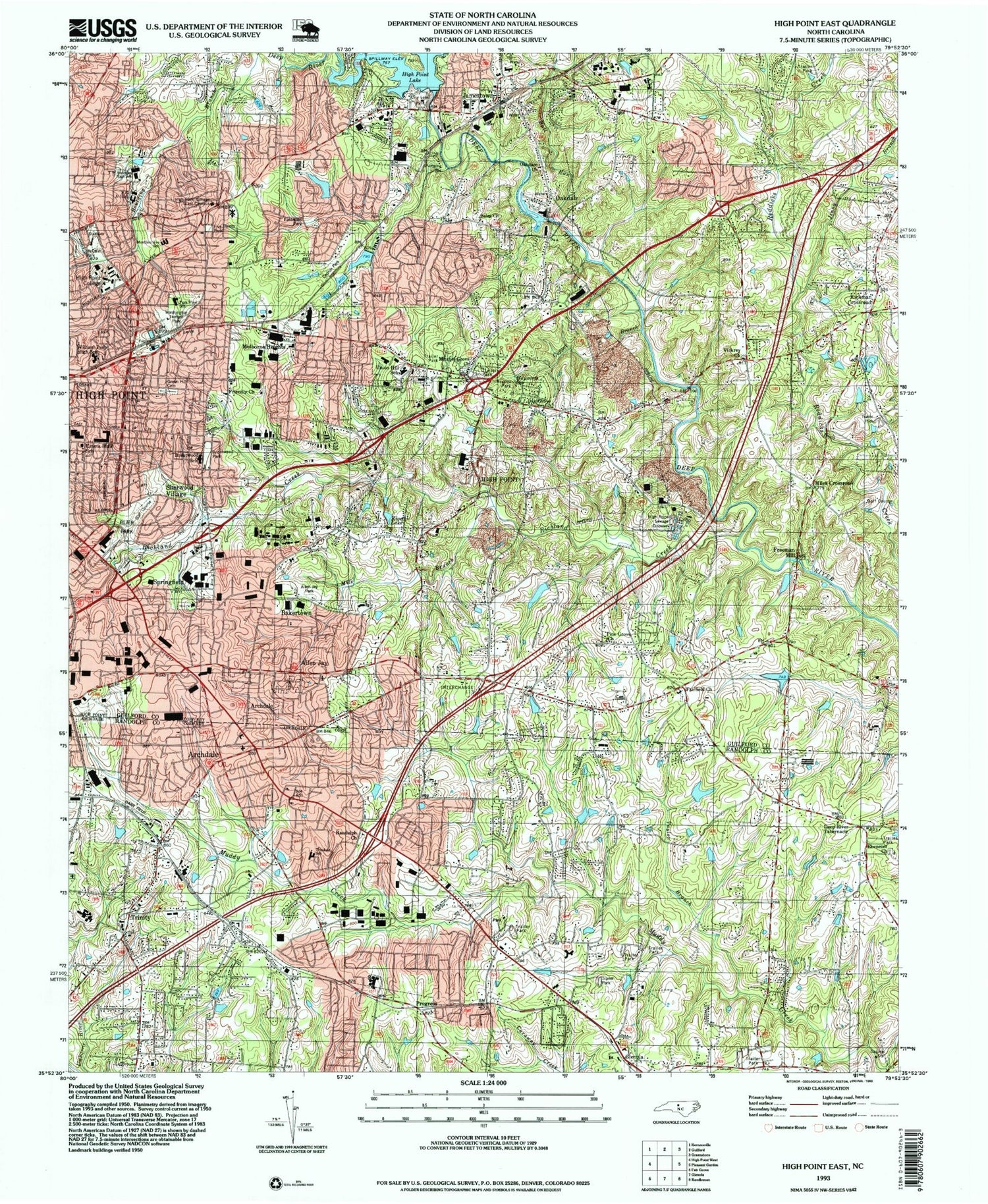 Classic USGS High Point East North Carolina 7.5'x7.5' Topo Map Image