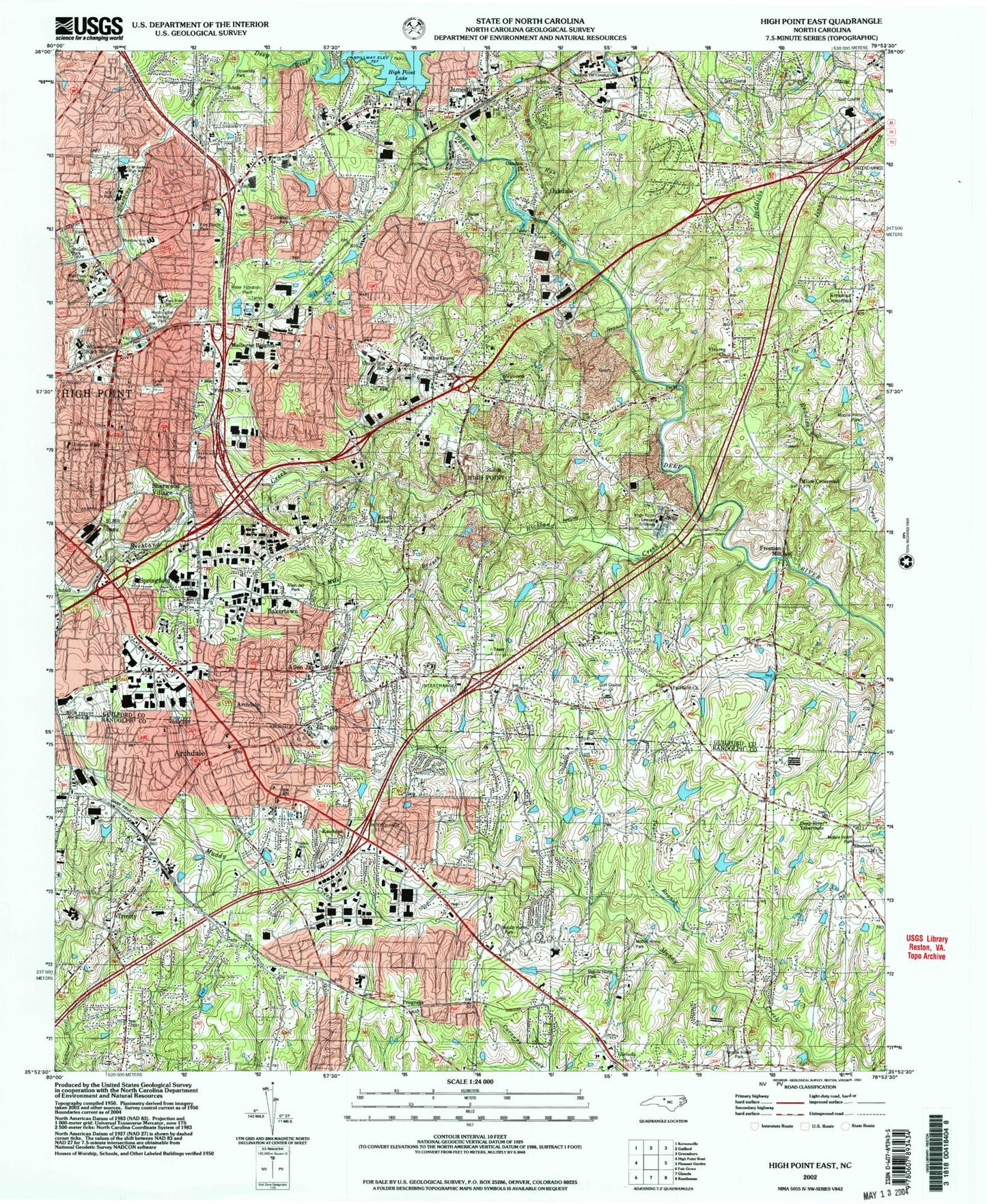 Classic USGS High Point East North Carolina 7.5'x7.5' Topo Map Image