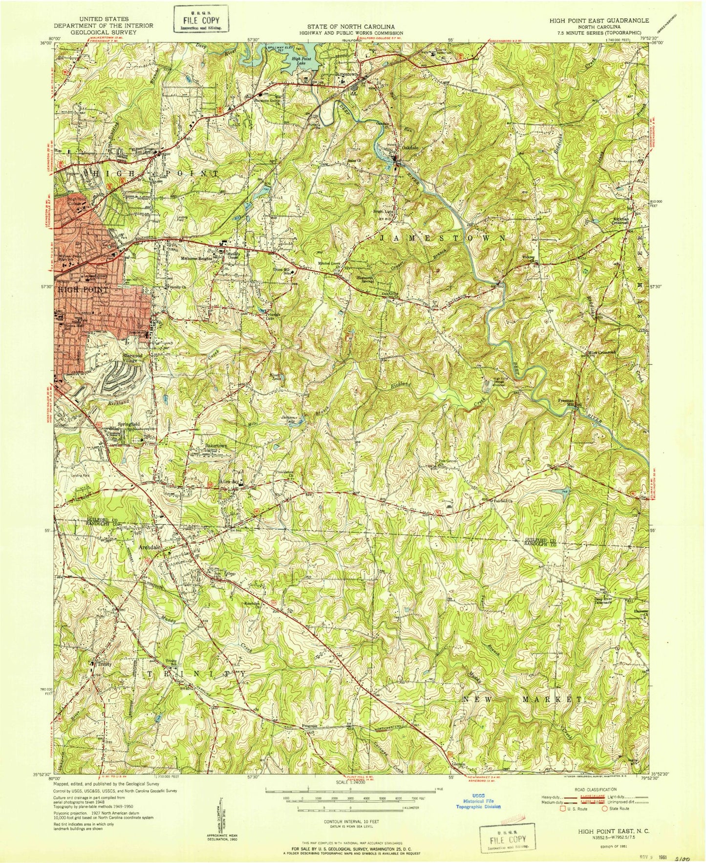 Classic USGS High Point East North Carolina 7.5'x7.5' Topo Map Image