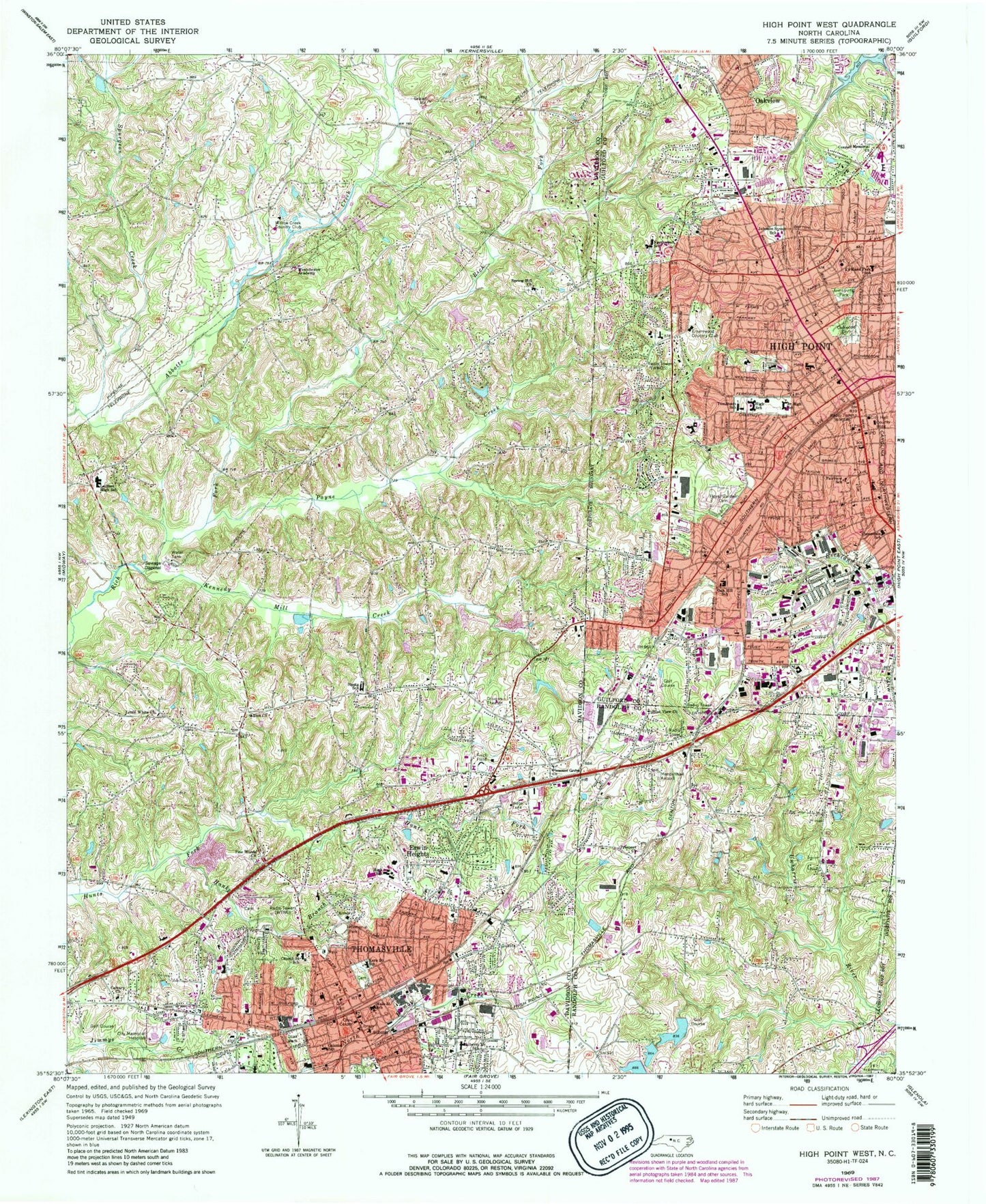 Classic USGS High Point West North Carolina 7.5'x7.5' Topo Map Image