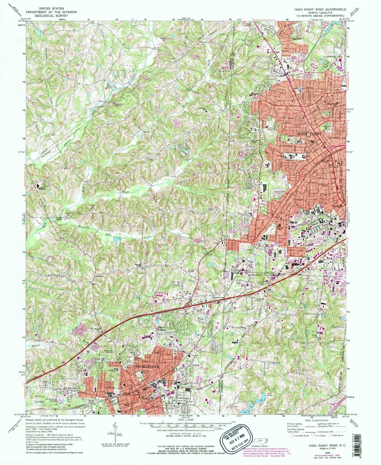 Classic USGS High Point West North Carolina 7.5'x7.5' Topo Map Image