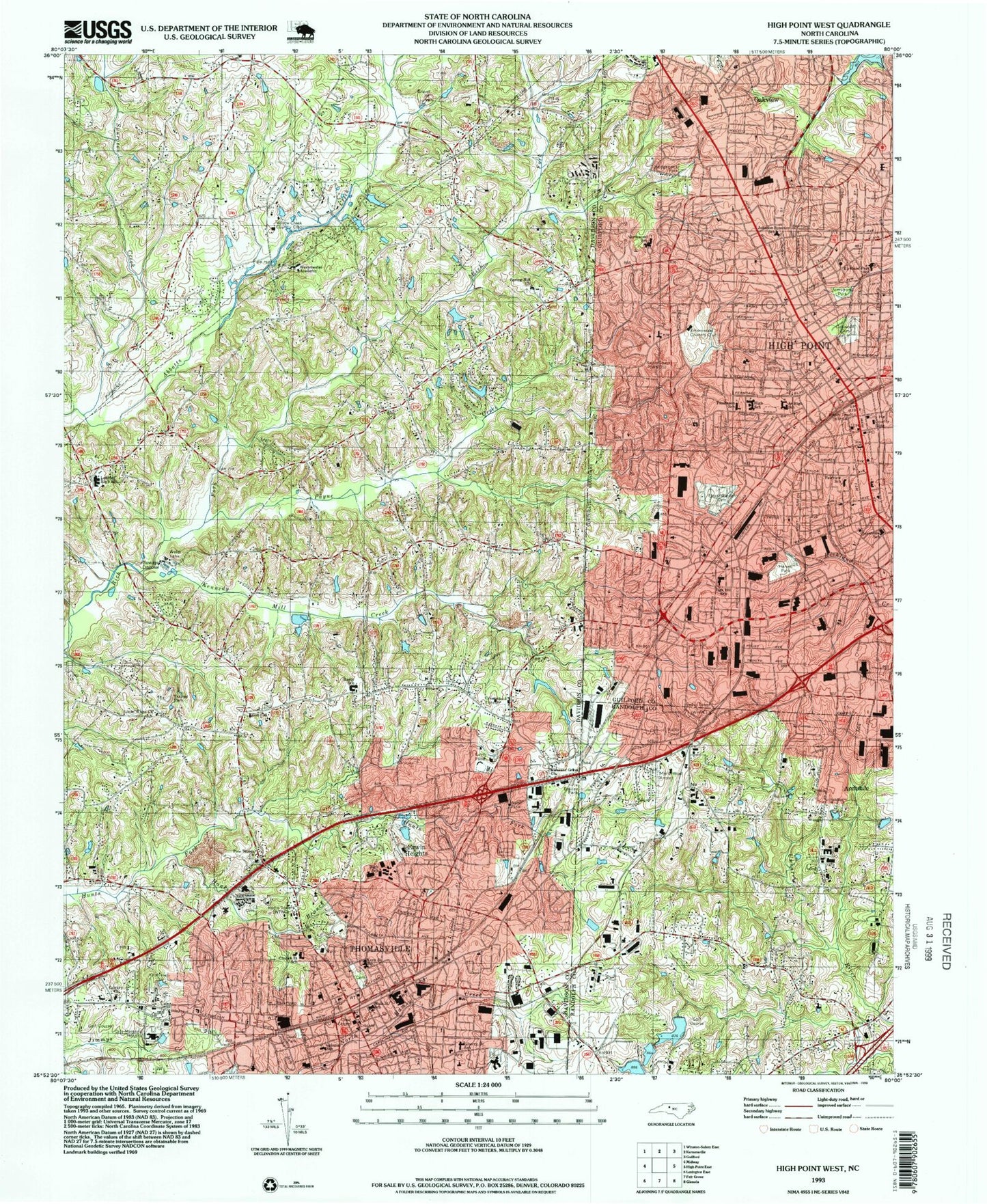 Classic USGS High Point West North Carolina 7.5'x7.5' Topo Map Image