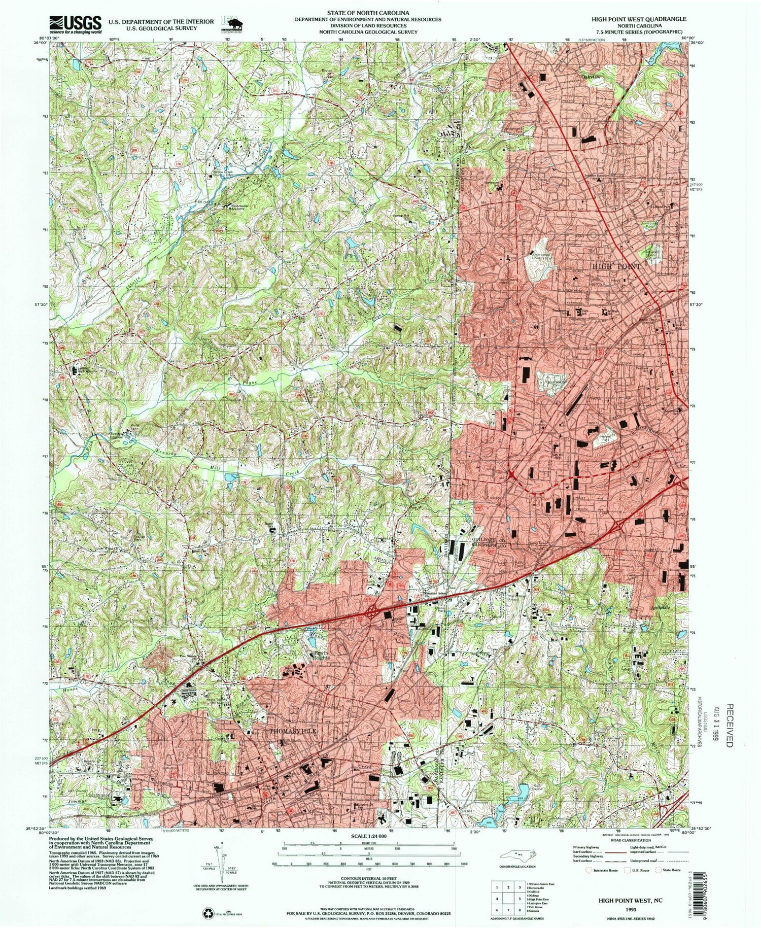 Classic USGS High Point West North Carolina 7.5'x7.5' Topo Map Image