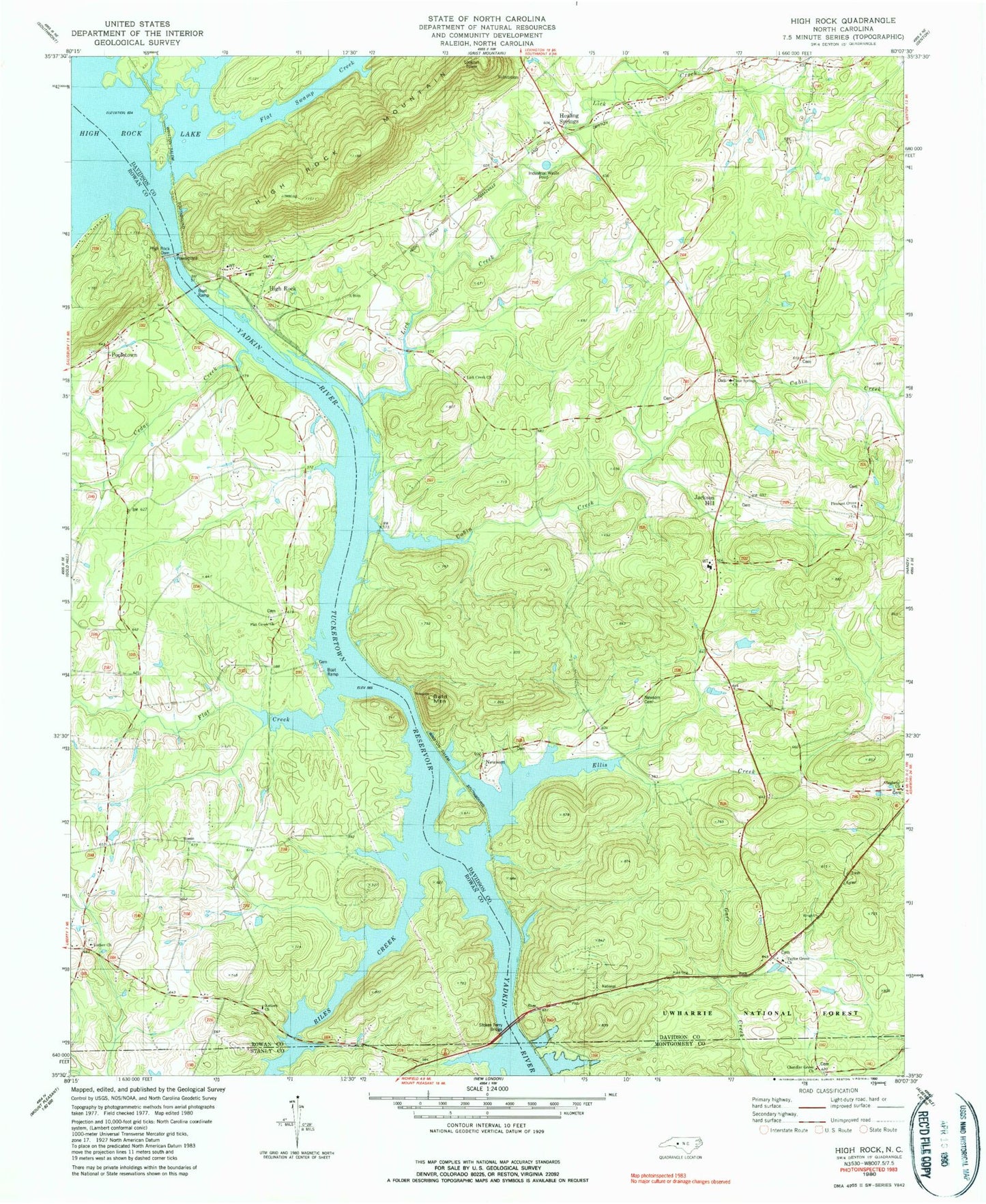 Classic USGS High Rock North Carolina 7.5'x7.5' Topo Map Image