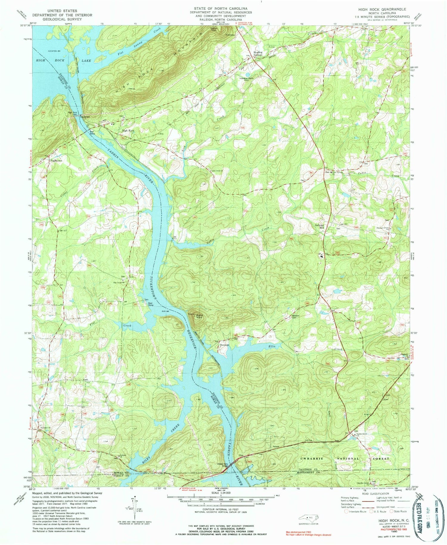 Classic USGS High Rock North Carolina 7.5'x7.5' Topo Map Image