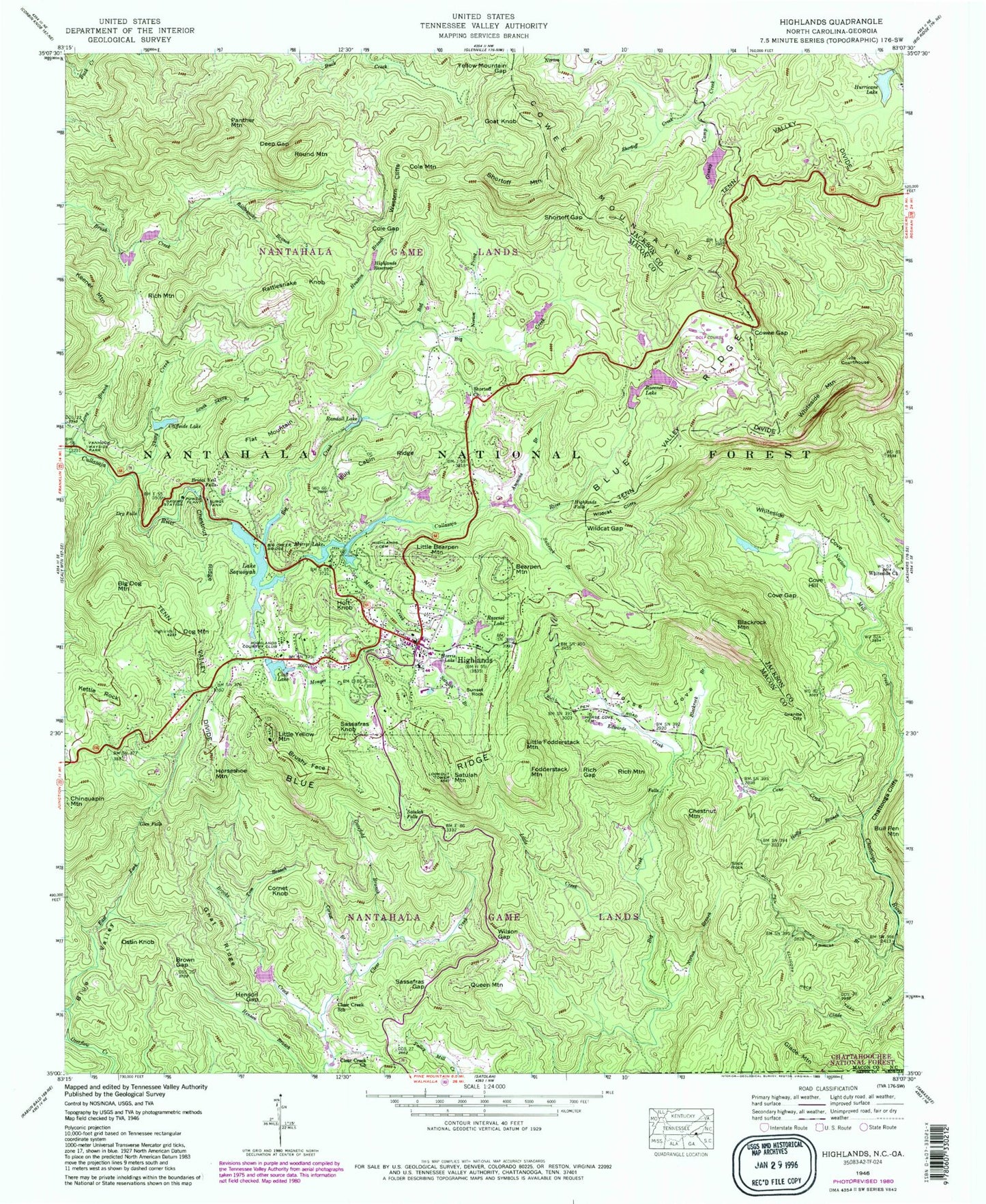 Classic USGS Highlands North Carolina 7.5'x7.5' Topo Map Image