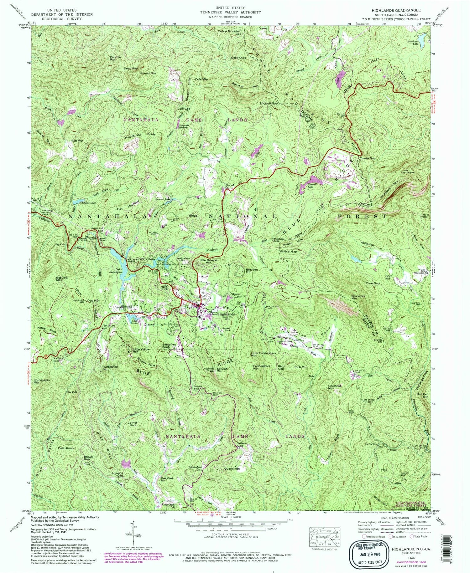 Classic USGS Highlands North Carolina 7.5'x7.5' Topo Map Image