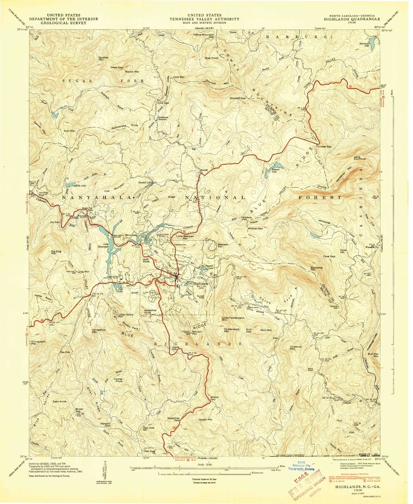 Classic USGS Highlands North Carolina 7.5'x7.5' Topo Map Image