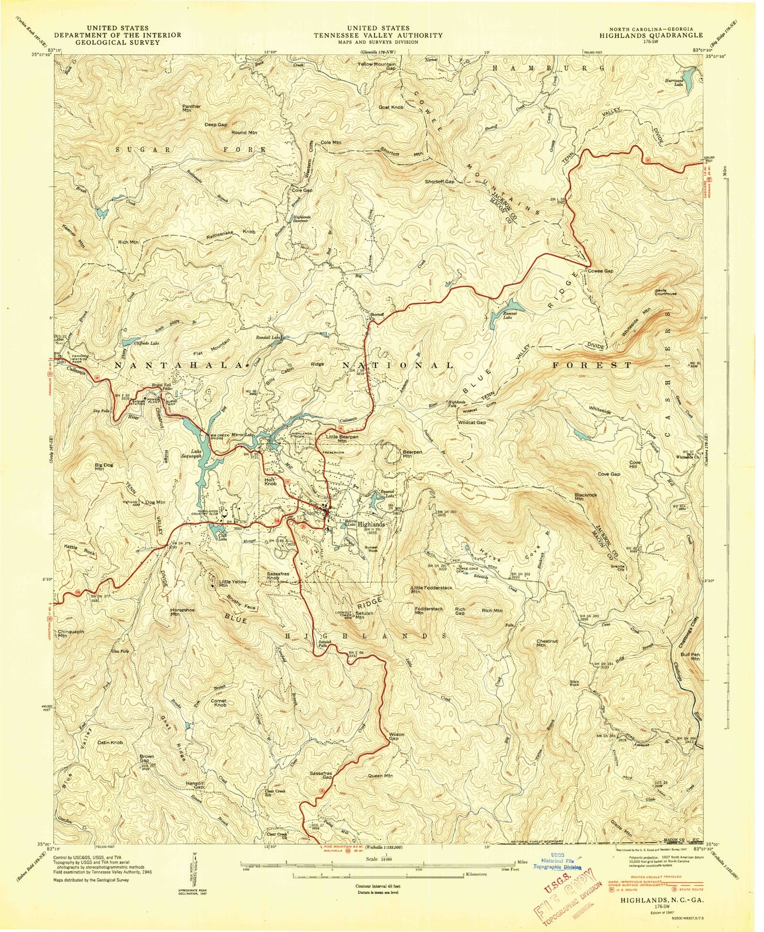 Classic USGS Highlands North Carolina 7.5'x7.5' Topo Map Image