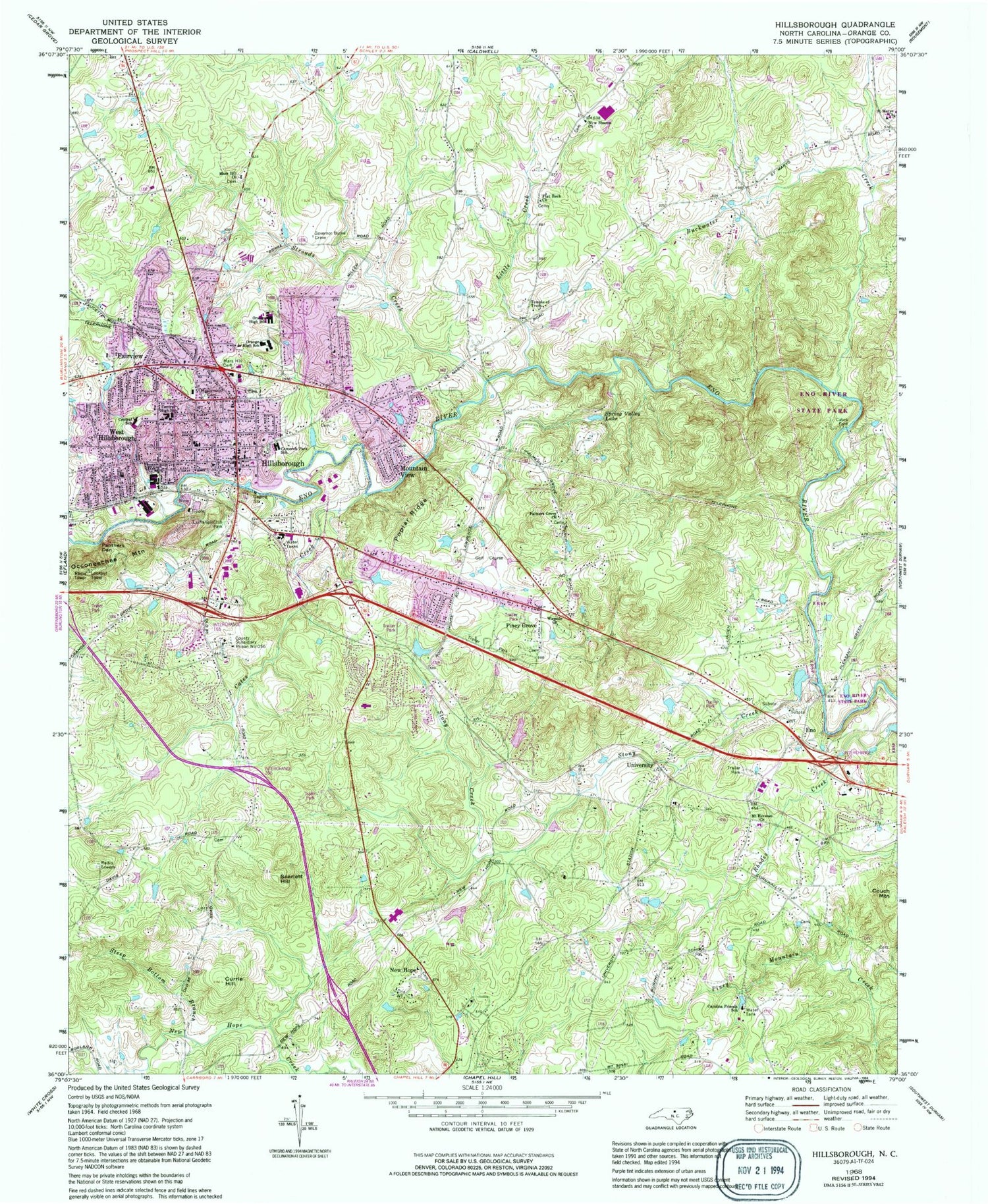 Classic USGS Hillsborough North Carolina 7.5'x7.5' Topo Map Image