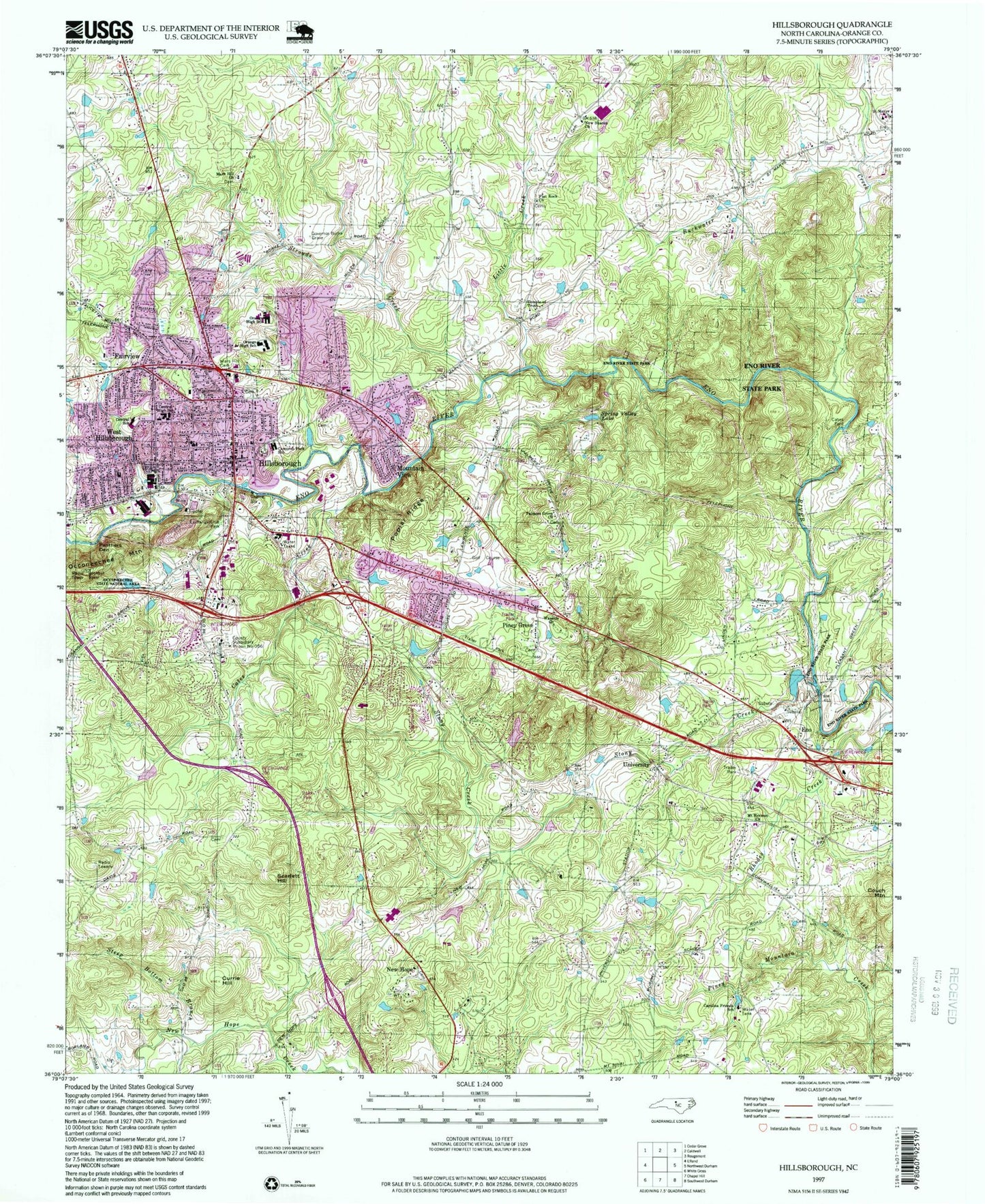 Classic USGS Hillsborough North Carolina 7.5'x7.5' Topo Map Image