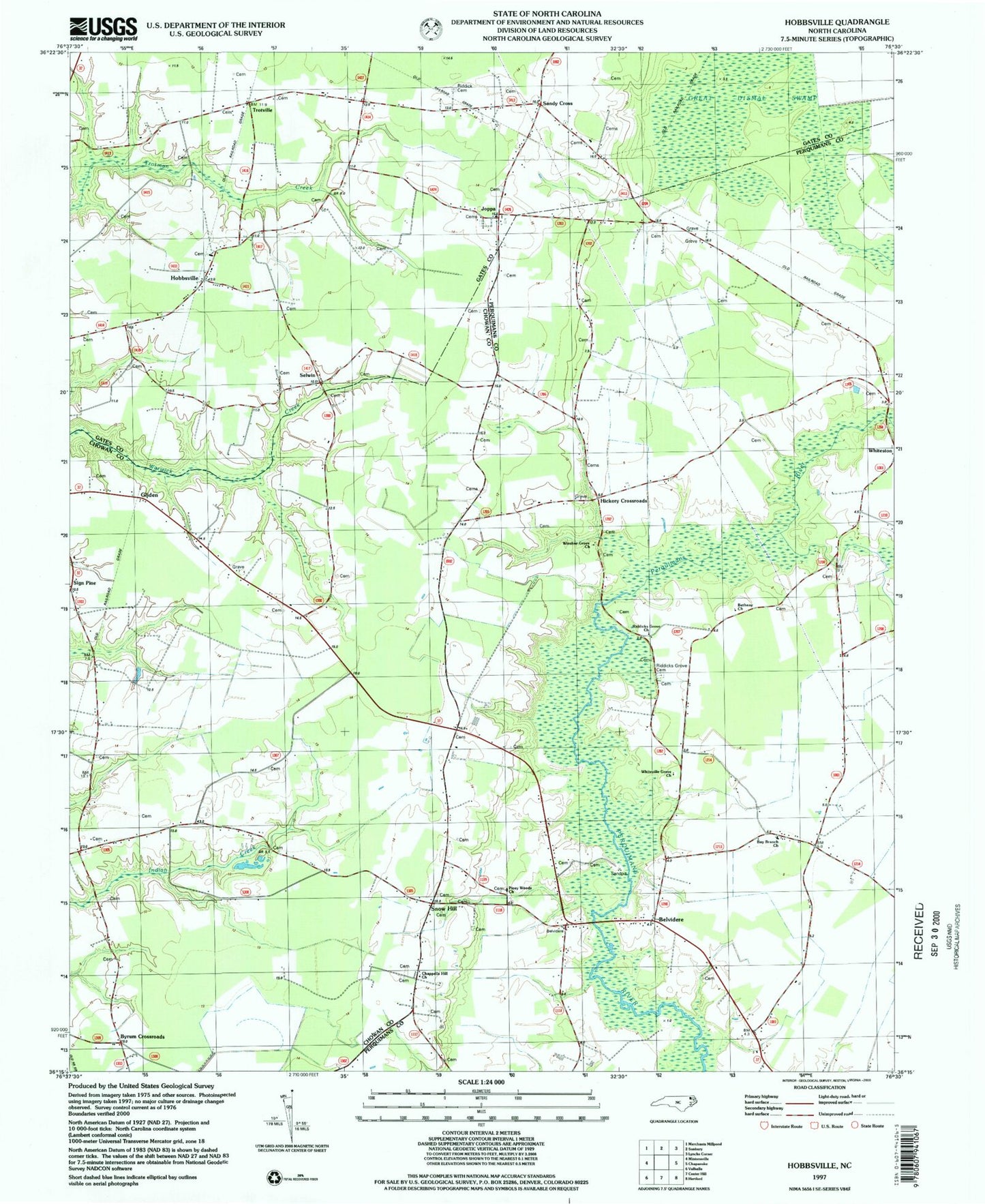 Classic USGS Hobbsville North Carolina 7.5'x7.5' Topo Map Image
