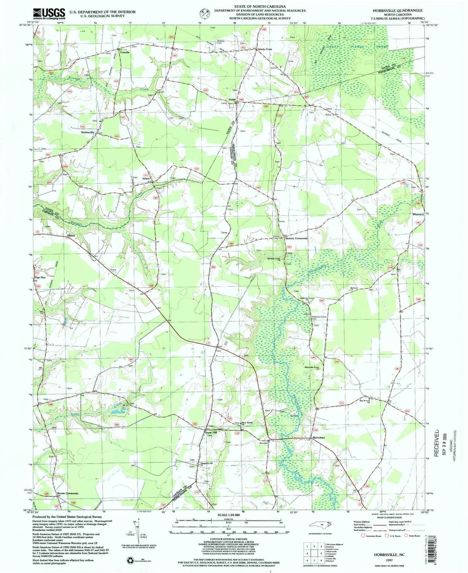 Classic USGS Hobbsville North Carolina 7.5'x7.5' Topo Map Image