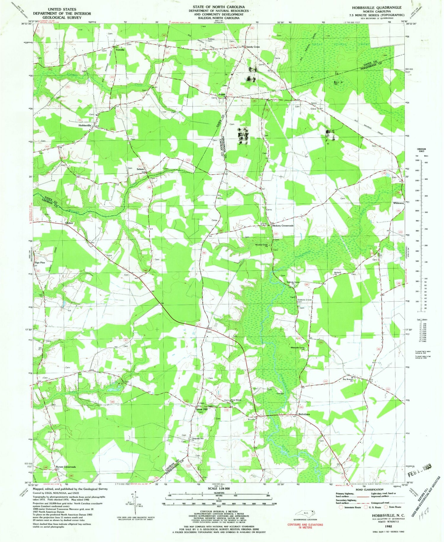 Classic USGS Hobbsville North Carolina 7.5'x7.5' Topo Map Image