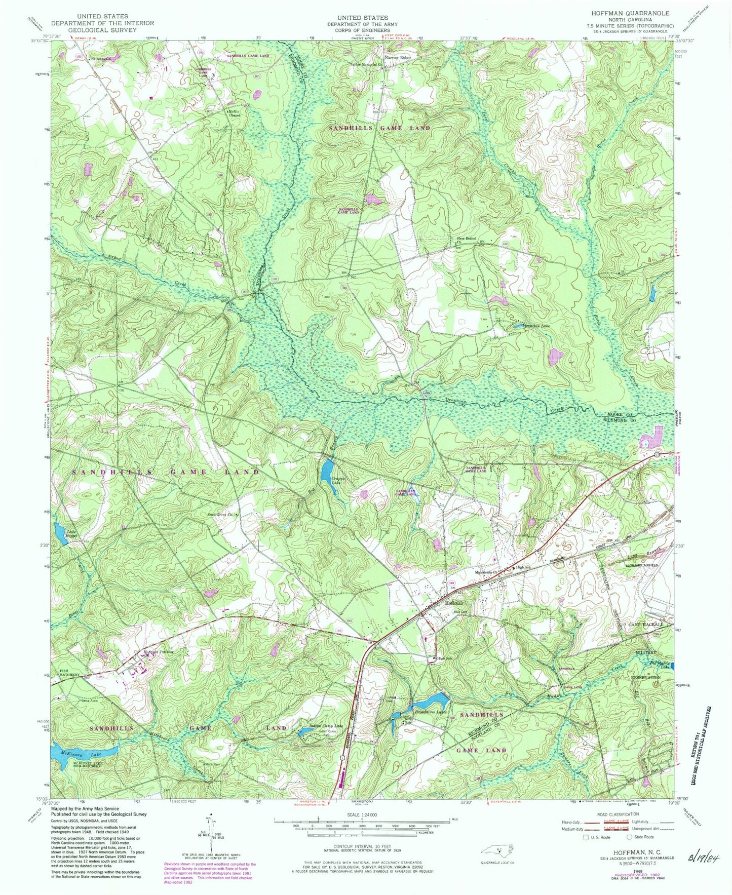 Classic USGS Hoffman North Carolina 7.5'x7.5' Topo Map Image