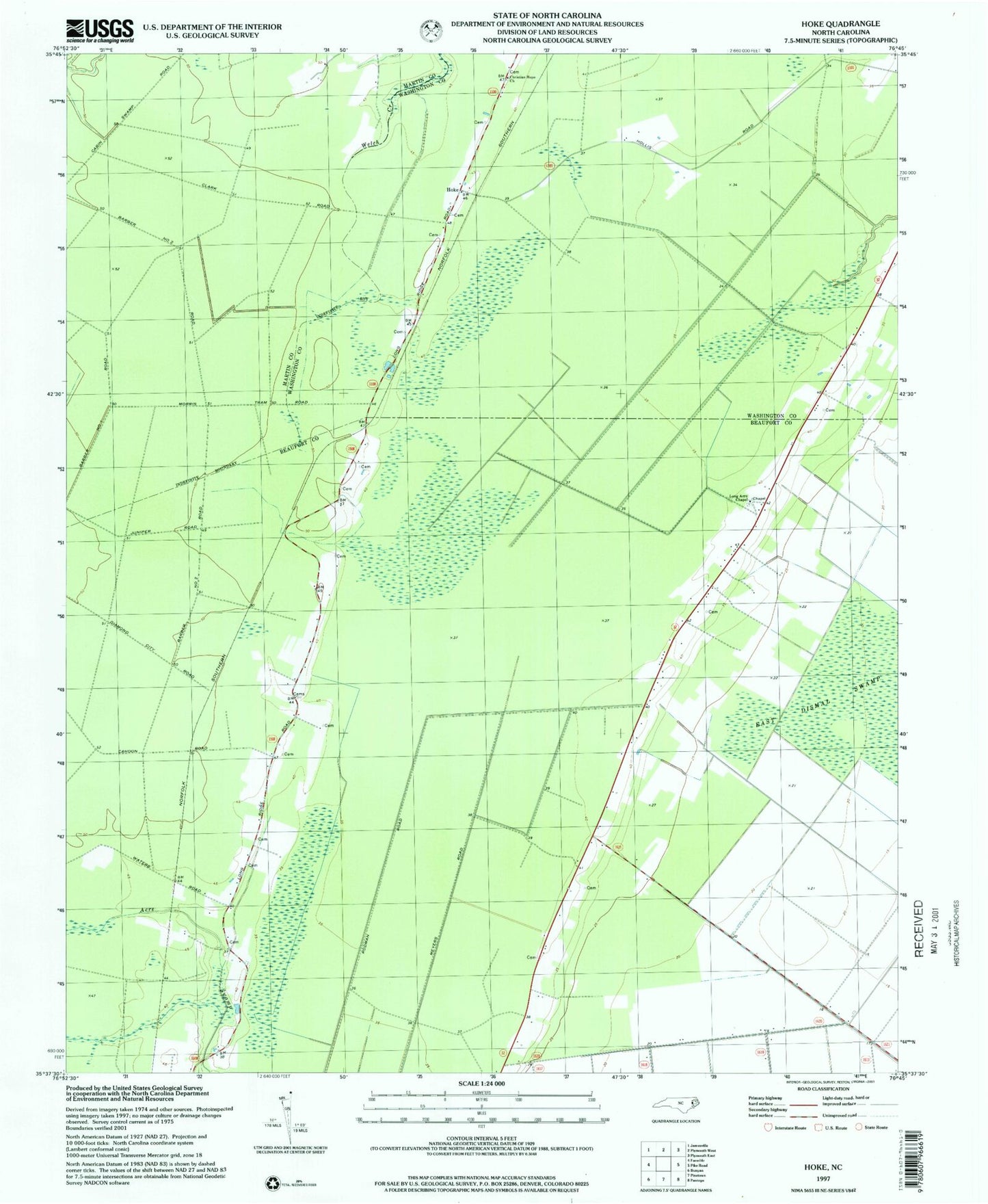 Classic USGS Hoke North Carolina 7.5'x7.5' Topo Map Image