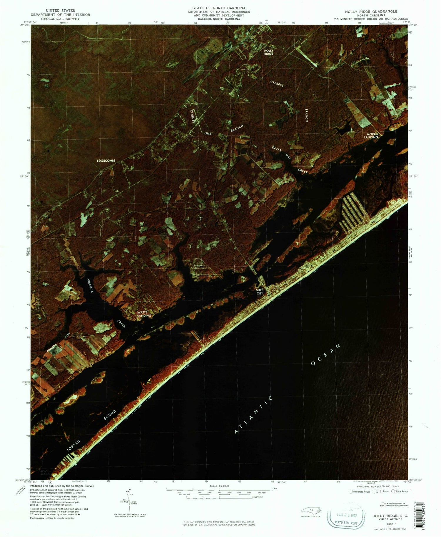 Classic USGS Holly Ridge North Carolina 7.5'x7.5' Topo Map Image