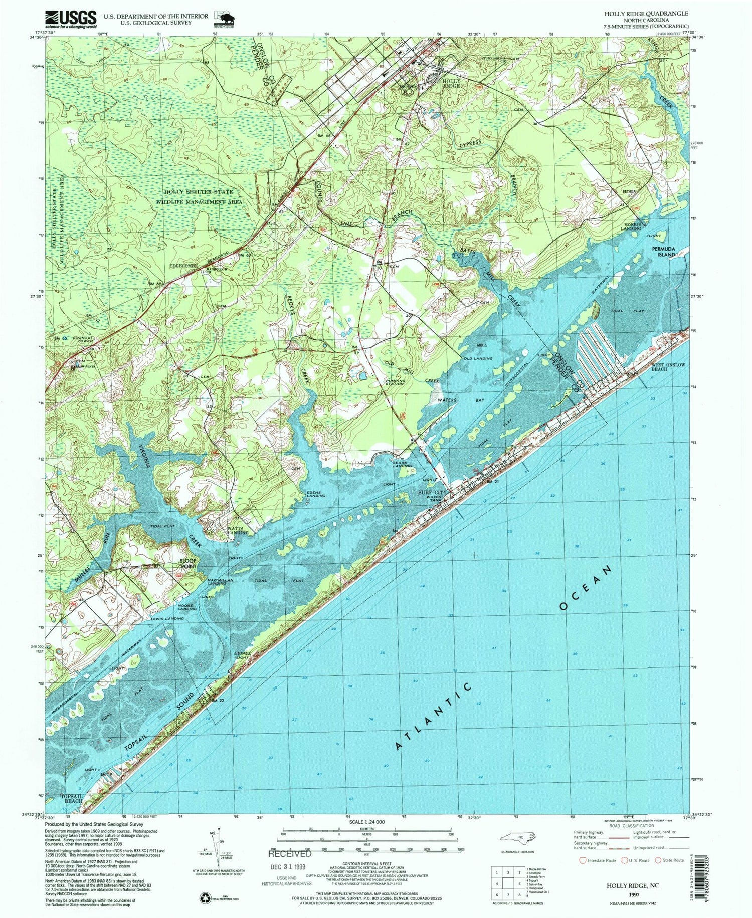 Classic USGS Holly Ridge North Carolina 7.5'x7.5' Topo Map Image