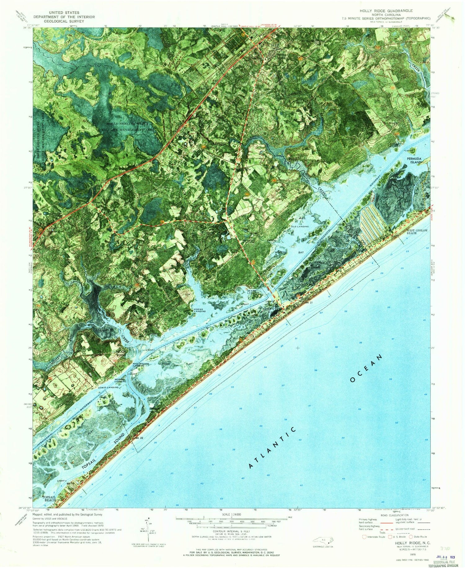 Classic USGS Holly Ridge North Carolina 7.5'x7.5' Topo Map Image