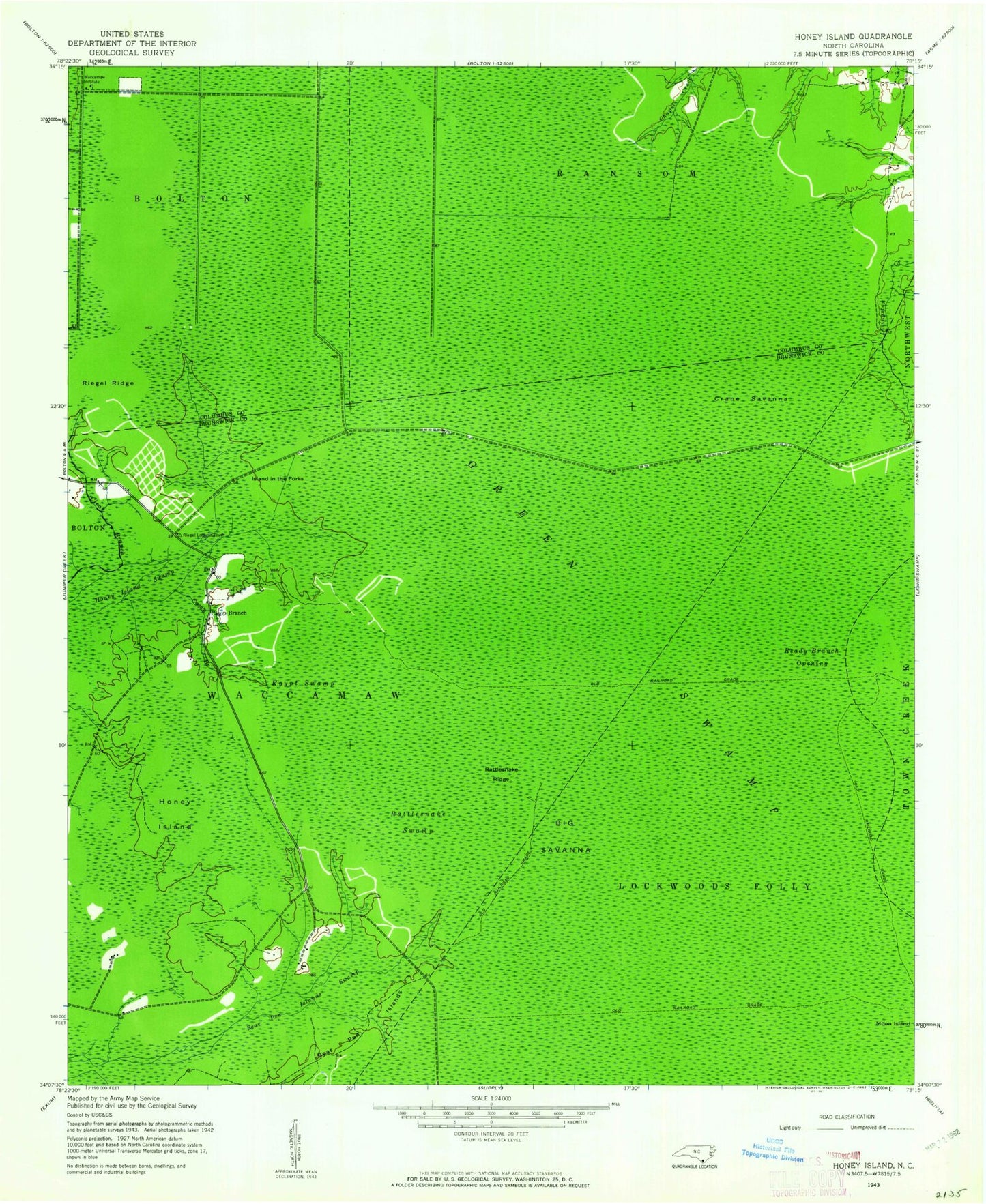 Classic USGS Honey Island North Carolina 7.5'x7.5' Topo Map Image