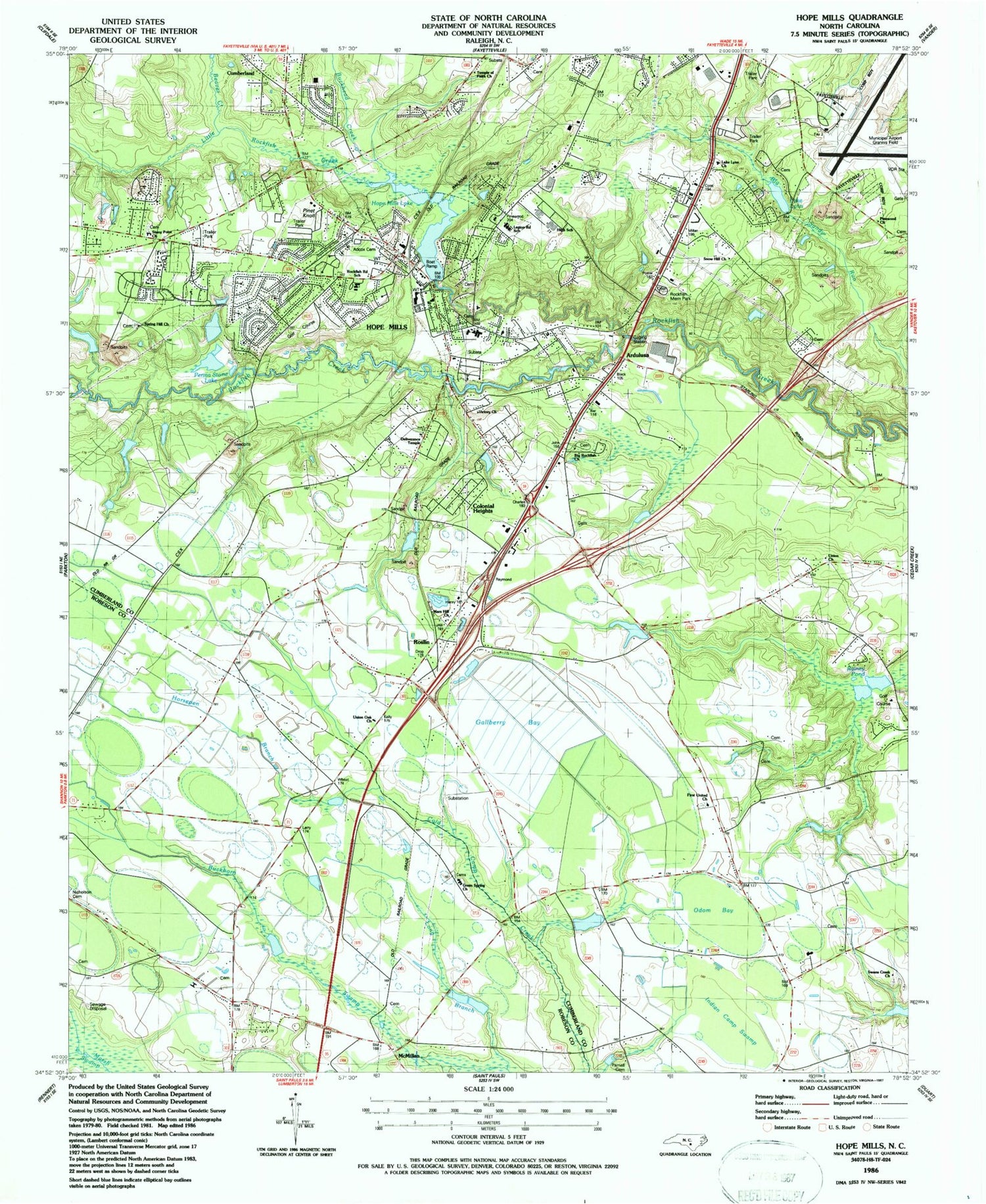 Classic USGS Hope Mills North Carolina 7.5'x7.5' Topo Map Image